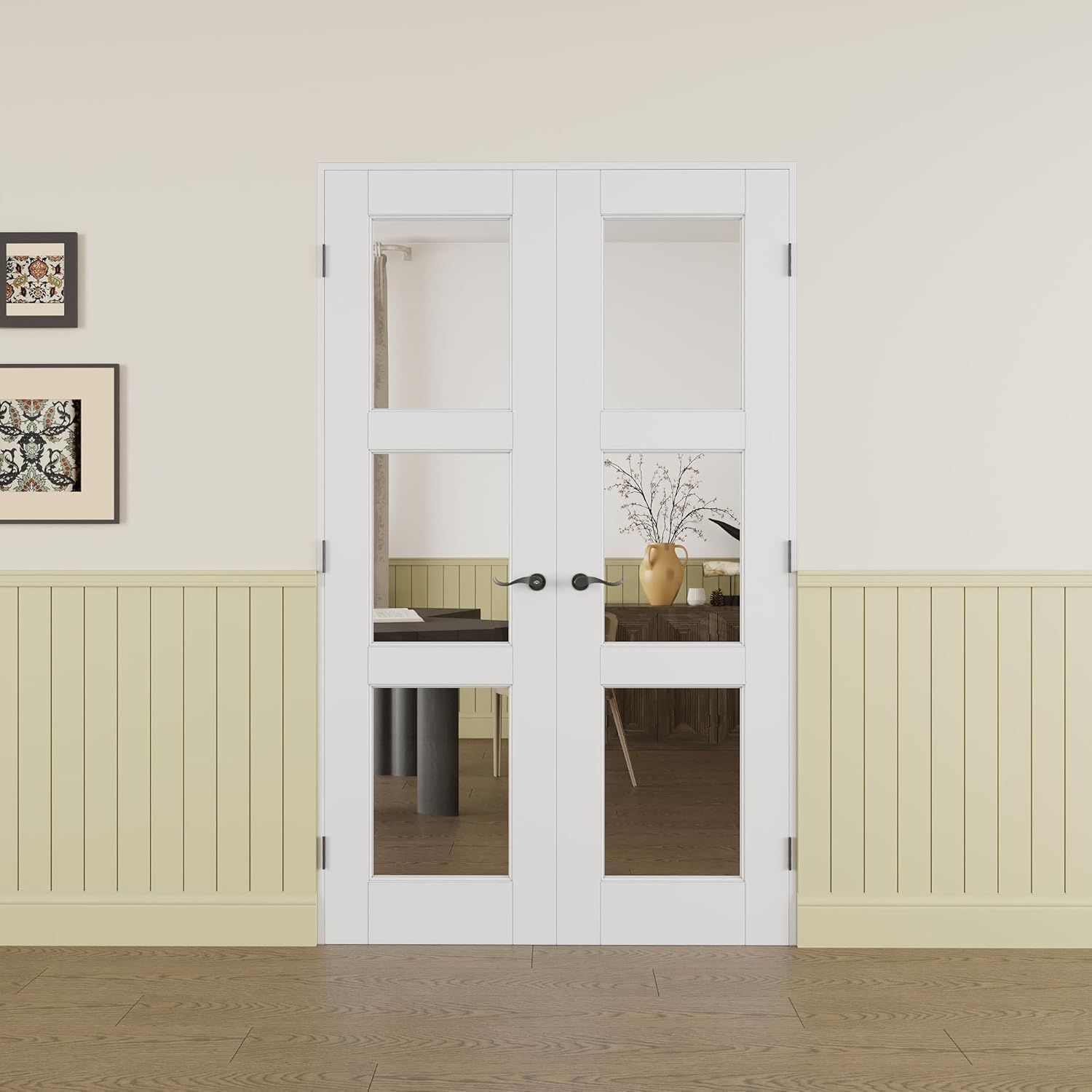 Prehung French Door 36' x 80' (2x18 in), 3-Lite Tempered Clear Glass Door Slabs with Jamb, Black Hinges, 4 Levers & Latch, Solid Core Interior Door, Pre-Finished & Paintable,Double Doors Interior