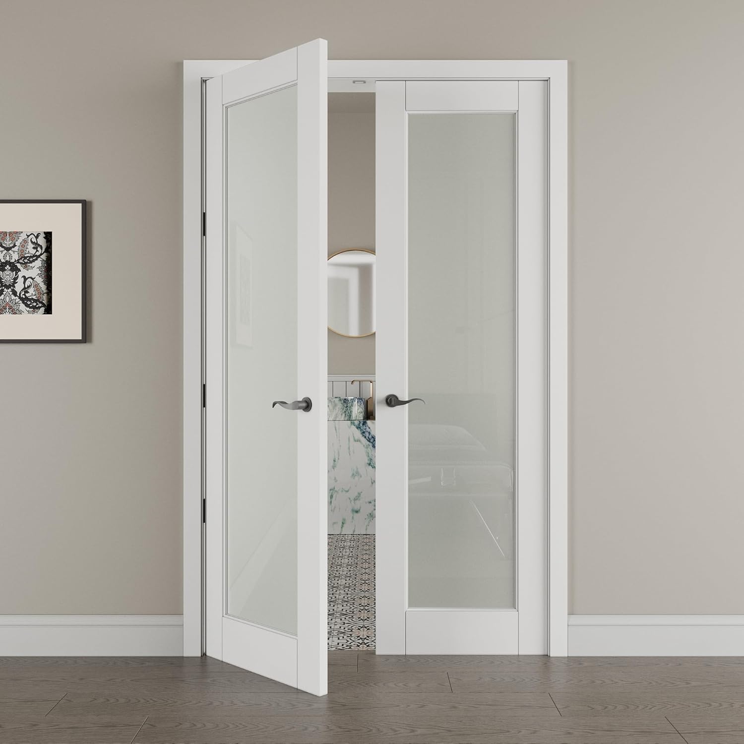 36' x 80' French Doors Interior (Double 18' x 80' Frosted Glass Door with Black Hinge Prehung Jamb Kit), Pre-Finished & Paintable, Prebuilt Home Door Panels & Assembly Required Jamb