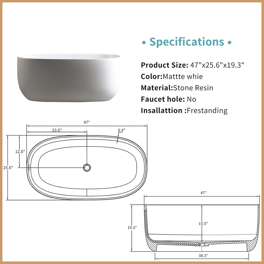 Deep Soaking Bath Tub 47' Freestanding Solid Surface Resin Stone Bathtub Modern Stand Alone Tub with Pop-Up Drainage and Overflow Pipes for Small Space, Matte White