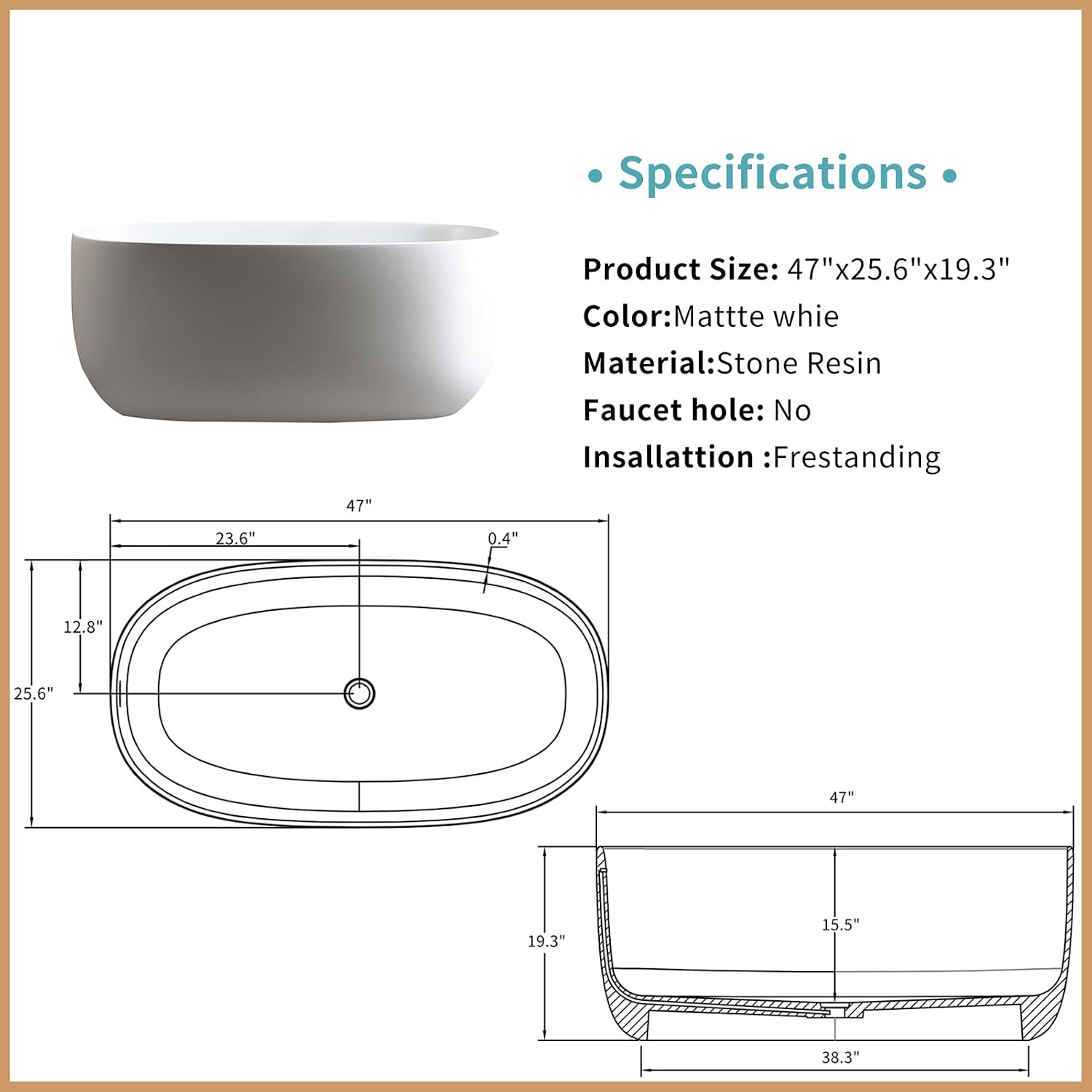 Deep Soaking Bath Tub 47' Freestanding Solid Surface Resin Stone Bathtub Modern Stand Alone Tub with Pop-Up Drainage and Overflow Pipes for Small Space, Matte White