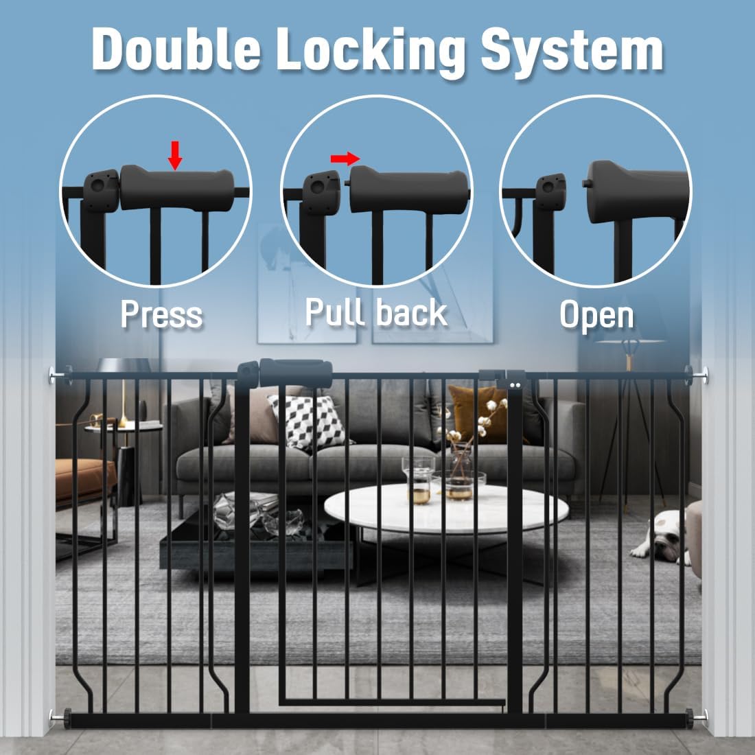 ALLAIBB Extra Wide Pressure Mount Baby Gate Auto Close Black Metal Child Dog Pet Safety Gates with Walk Through for Stairs,Doorways,Kitchen and Living Room (52.76-62.2'/134-158cm)