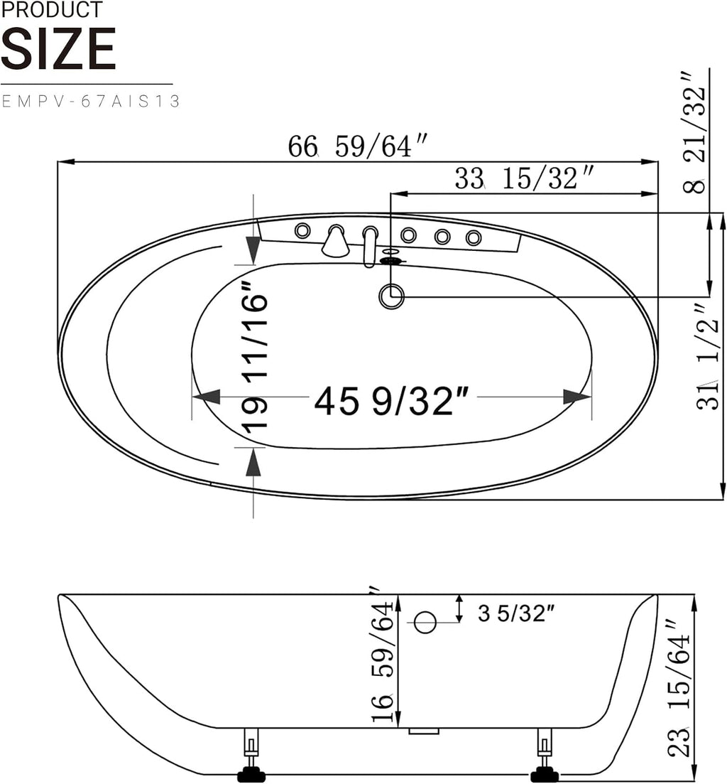 Empava 67' Freestanding Whirlpool Bathtub with Hydromassage Adjustable Water Jets Luxury Acrylic Massage SPA Soaking Bath Tub in White Single Ended