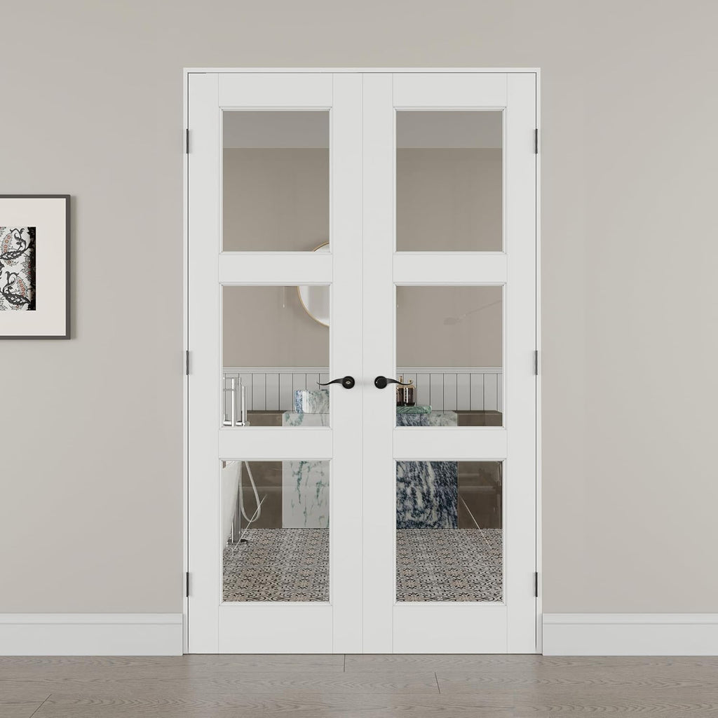 36' x 80' French Doors Interior (Double 18' x 80' 3-Lite Clear Glass Door with Black Hinge Prehung Jamb Kit), Pre-Finished & Paintable, Prebuilt Home Door Panels & Assembly Required Jamb