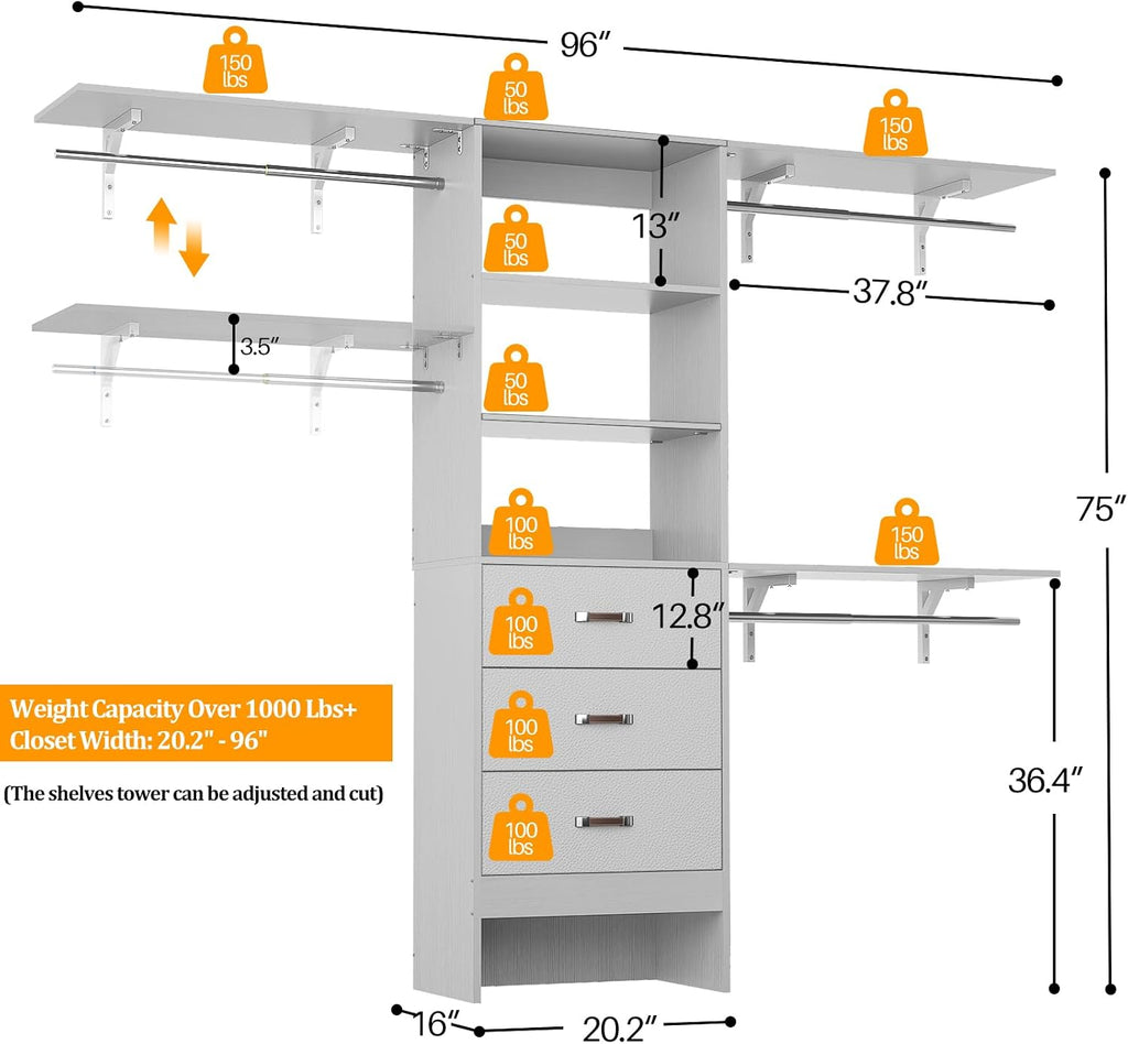 Closet System with 3 Drawers - 8FT Wood Closet Organizer with 3 Shelving Tower & Hanging Rods, 96' Walk-in Wardrobe Closet Organizer System for 4-8FT Spaces, Heavy Duty Garment Clothes Rack, Grey