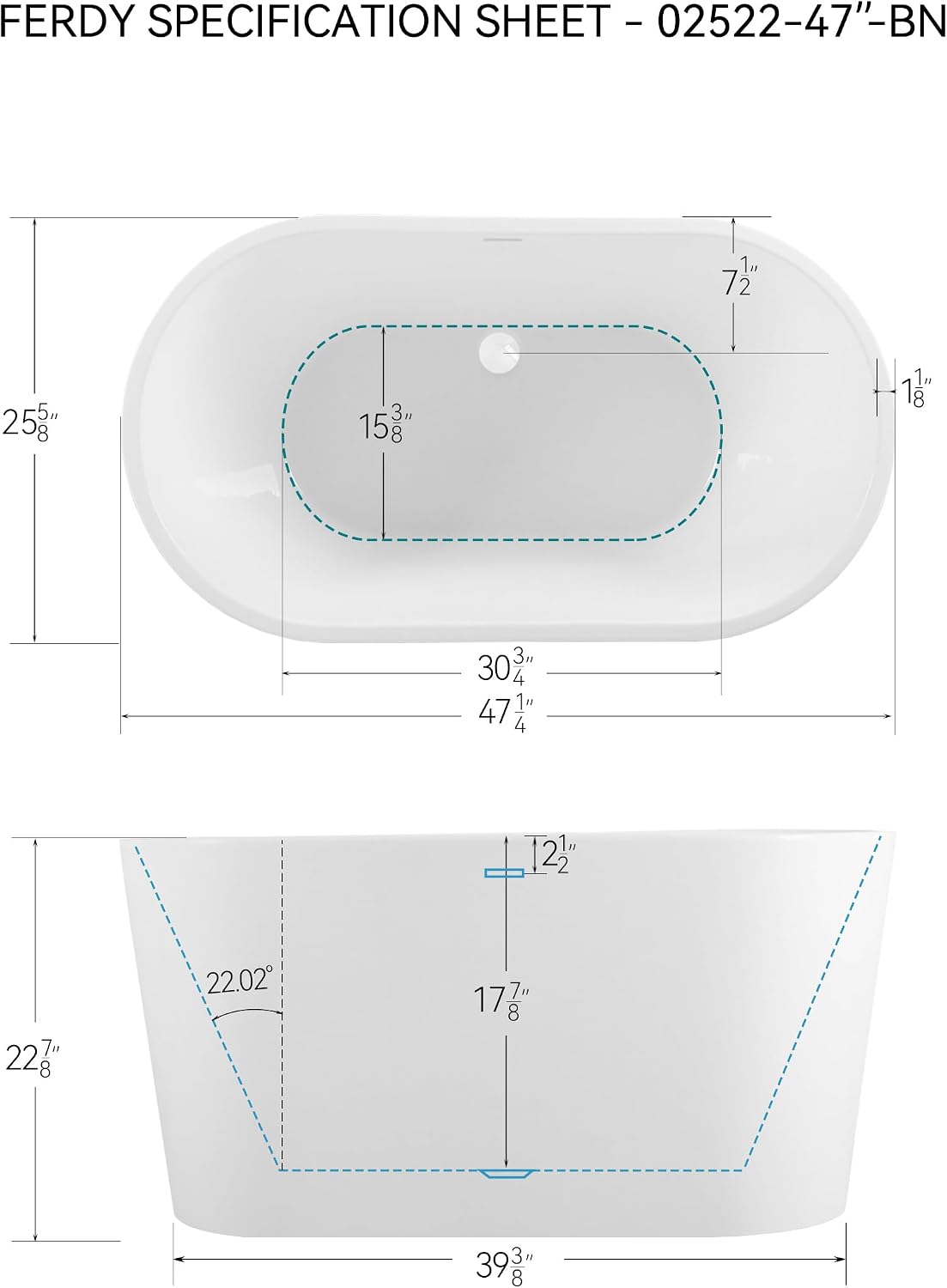 FerdY Shangri-La 47' Acrylic Freestanding Bathtub, Small Classic Oval Shape Acrylic Soaking Bathtub with White Drain & Minimalist Linear Design Overflow, Modern White, cUPC Certified