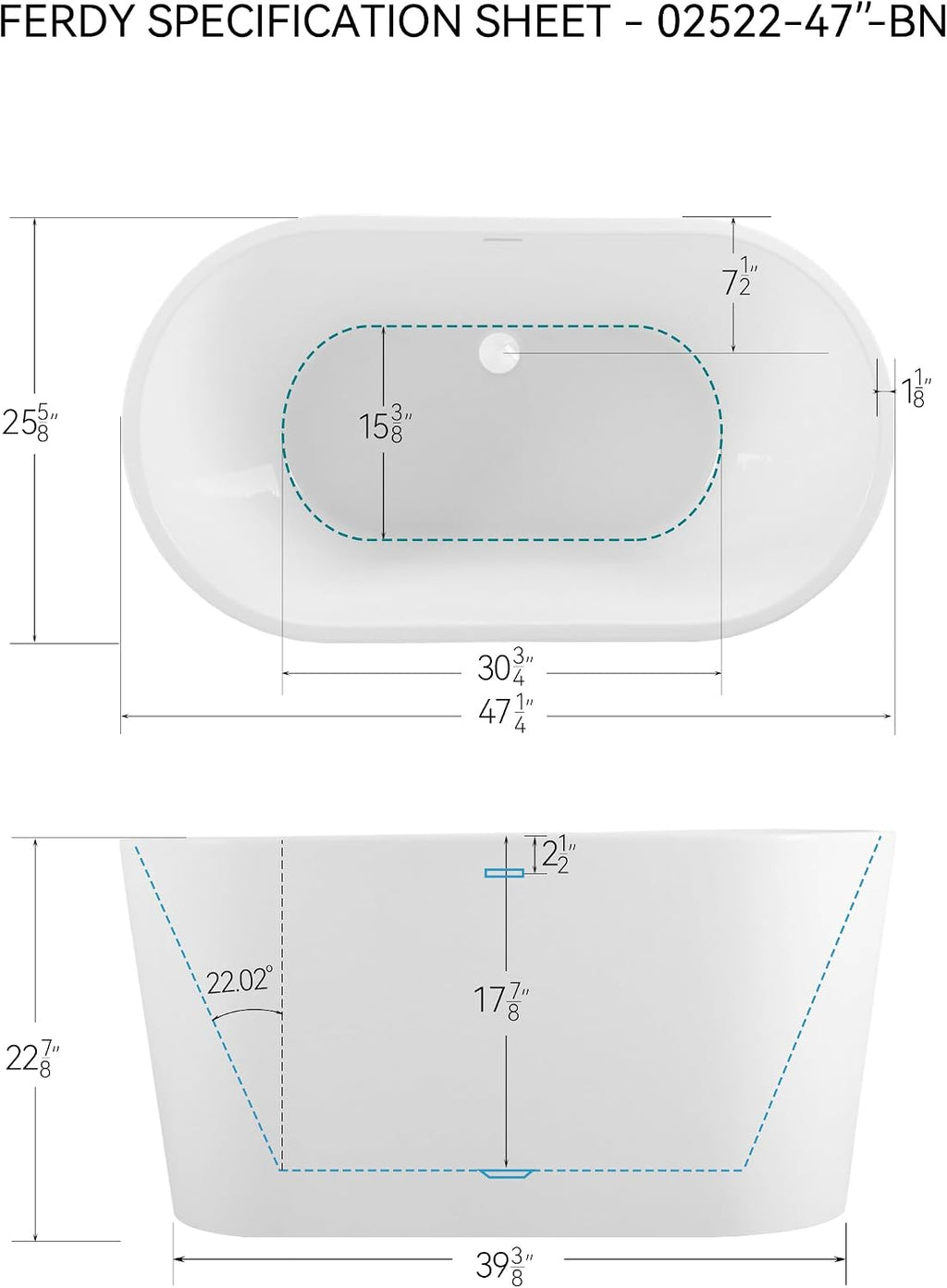 FerdY Shangri-La 47' Acrylic Freestanding Bathtub, Small Classic Oval Shape Acrylic Soaking Bathtub with Minimalist Linear Design Overflow & White Drain, Modern White, cUPC Certified