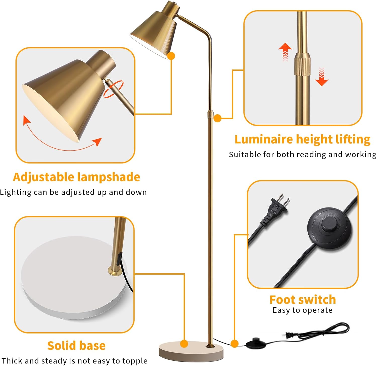 High-end Gold Brass Floor Lamp Bright 12W LED Light, Adjustable in Three Colors and Height, Electroplated Iron Lamp Post,Exquisite Craftsmanship,Standing Lamp for Living Room Bedroom Office Reading