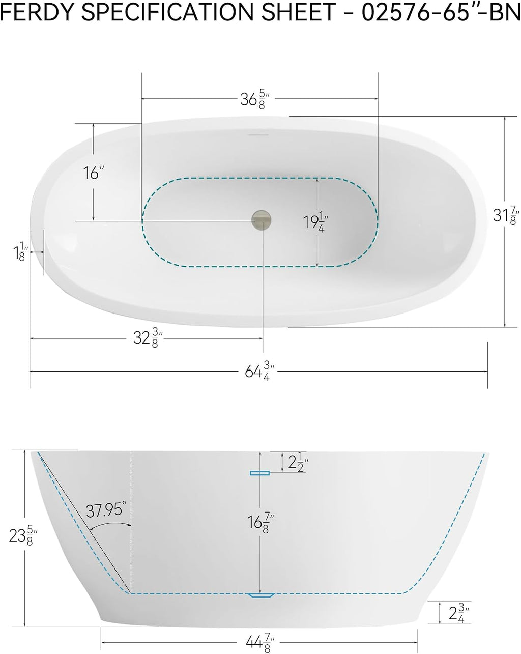 FerdY Koh Samui 65' Freestanding Bathtub, Elegant Oval Shape, Double Walled Insulation Bathtub with Center Brushed Nickel Drain & Minimalist Linear Design Overflow