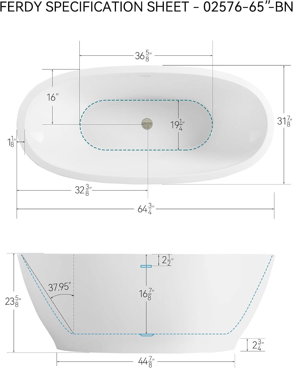 FerdY Koh Samui 65' Freestanding Bathtub, Elegant Oval Shape, Double Walled Insulation Bathtub with Center Brushed Nickel Drain & Minimalist Linear Design Overflow