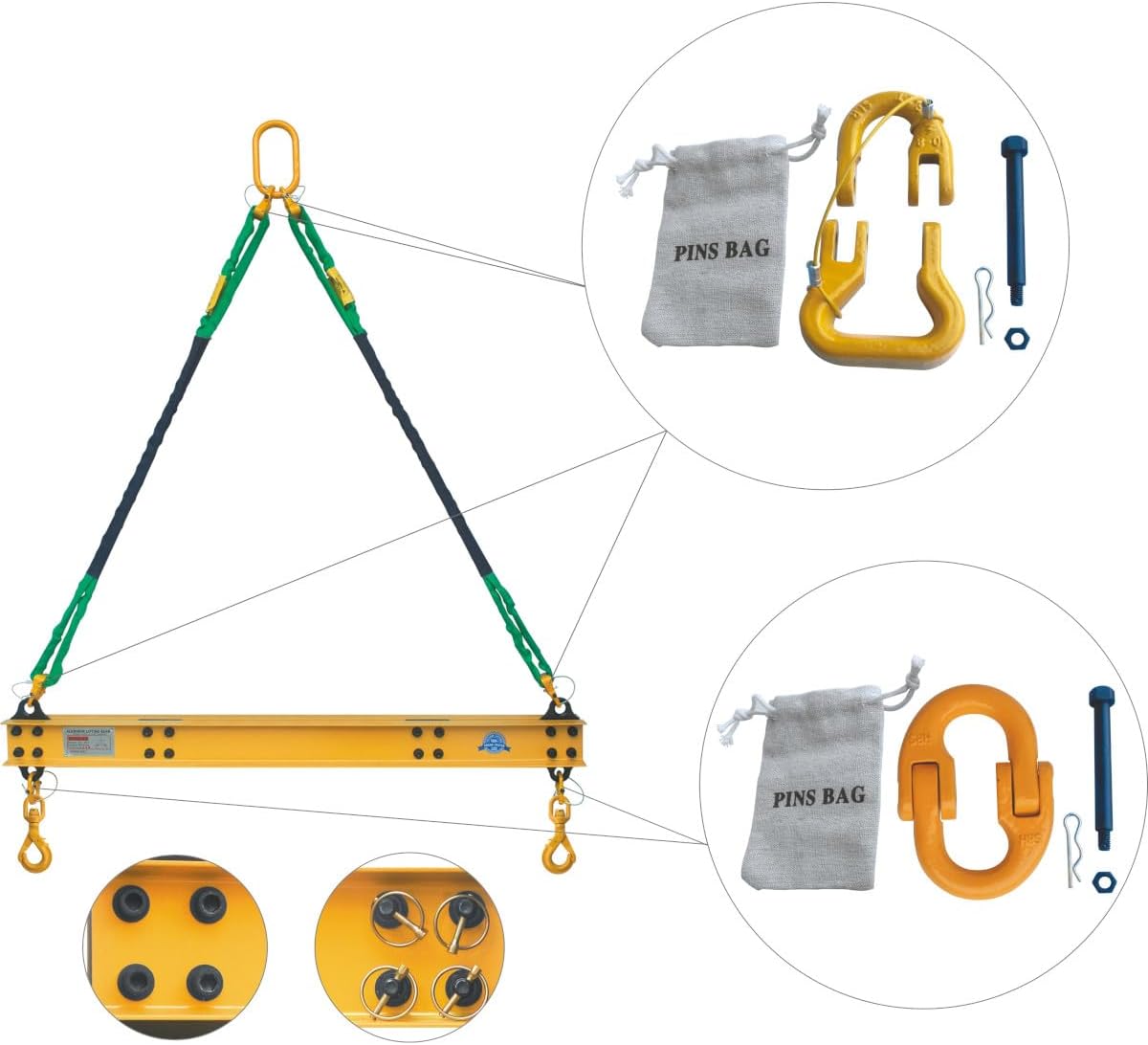 4400 LBS 2 Ton Aluminum 4' Lifting Spreader Beam Lifting Bar with Swivel Self Locking Hooks and 4 FT Round Sling Bridle Heavy Duty Light Weight