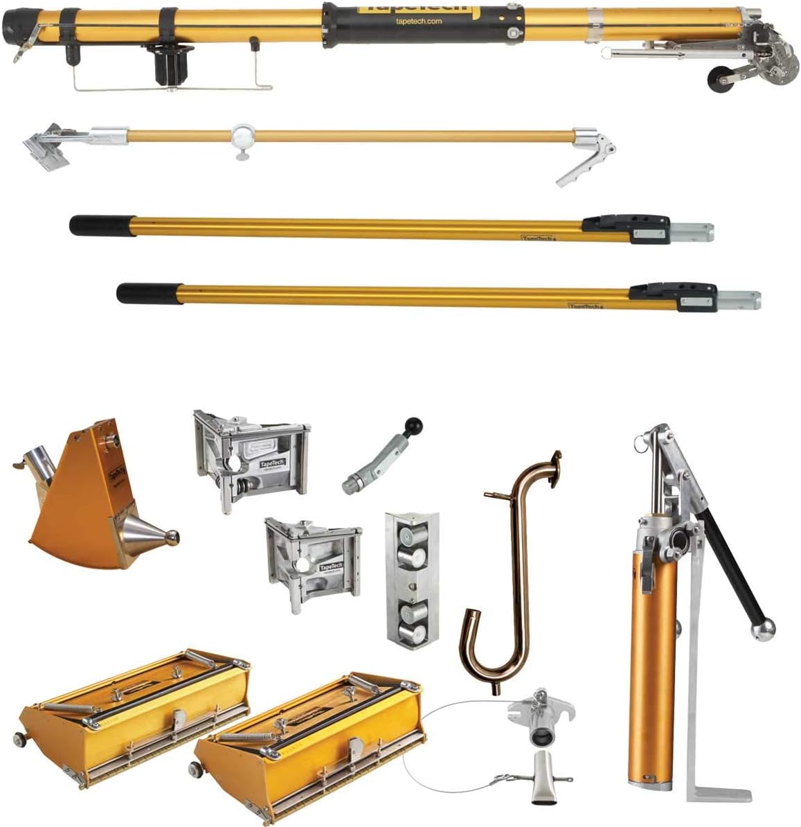 TapeTech Expanded Full Set of Drywall Taping and Finishing Tools with Bazooka Taper, 10/12 Flat Boxes, Angle Box, Angle Heads, Pump, Gooseneck, Corner Roller and Extendable Handles