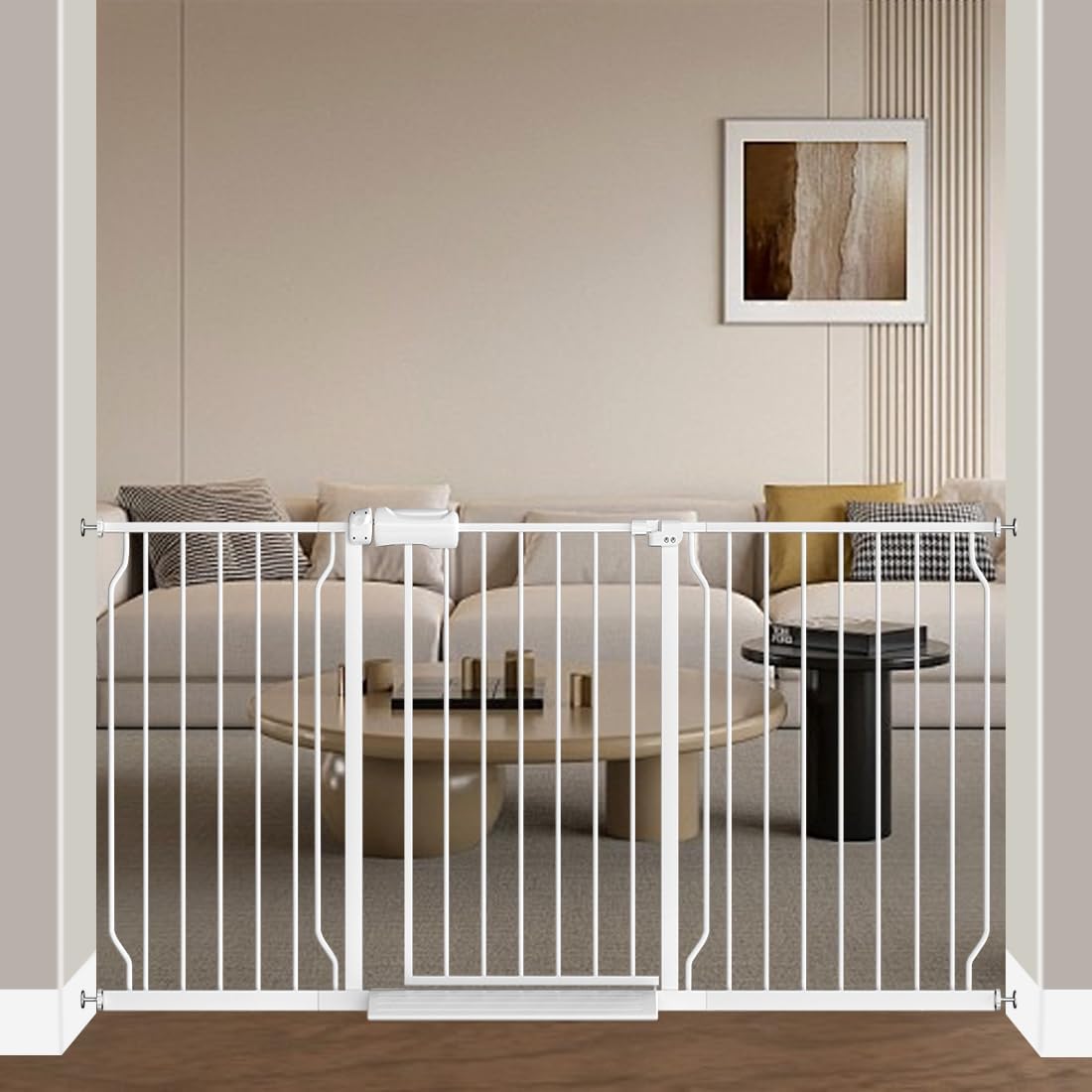 Fairy Baby Extra Wide Baby Gate for Dogs Pressure Monuted Safety Gate for Living Room, Fits 62 Inch to 67 Inch with No Drill Auto Close Dog Gate for Doorways, White
