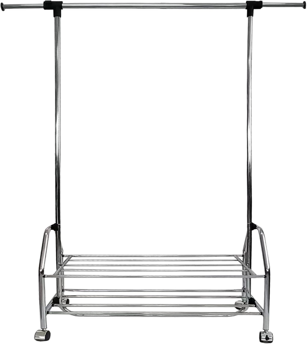 Adjustable Height and Width Rolling Metal Clothes Rack,Chrome Metal Clothes Rack Extendable Bar,Standard Rod Clothing Garment Rack, Rolling Clothes Organizer on Wheels for Hanging Clothes, Chrome