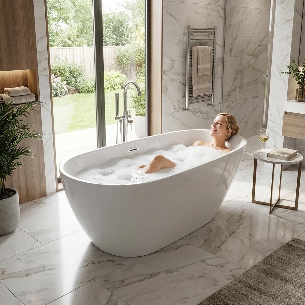 67' Freestanding Acrylic Bathtub, Deep Soaking Tub with Non-Slip Base & Chrome Drain, cUPC Certified, Easy Install, Space-Saving Bathtub, Modern Tub for Bathrooms, White Pearl