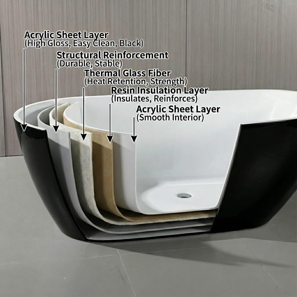 59' Freestanding Acrylic Bathtub, Deep Soaking Tub with Non-Slip Base & Chrome Drain, cUPC Certified, Easy Install, Space-Saving Bathtub, Modern Tub for Bathrooms, Black Pearl