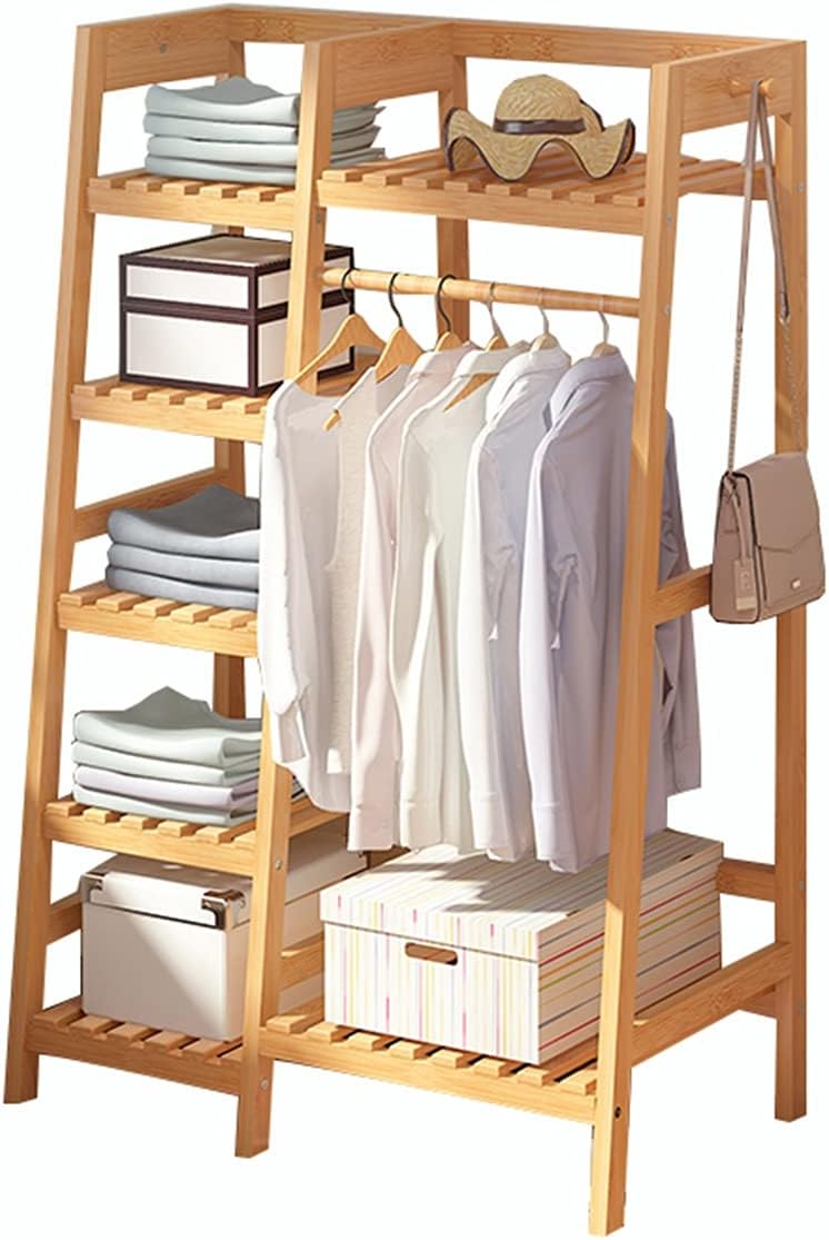 Garment Rack Wooden Clothing Garment Rack with Shelves Heavy Duty Clothes Hanging Rails Wood Clothes Hanger Rack Open Wardrobe Closet Coat Stands Multifunctional,80x42x140cm