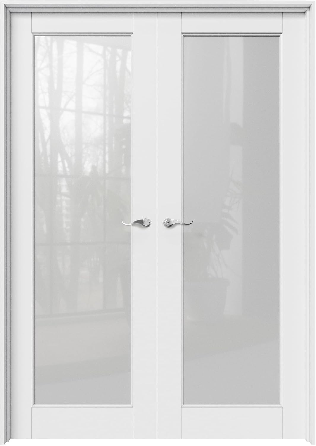 48' x 80' French Doors Interior (Double 24' x 80' Glass Frosted Glass Door with Silver Hinge Prehung Jamb Kit), Pre-Finished & Paintable, Prebuilt Home Door Panels & Assembly Required Jamb