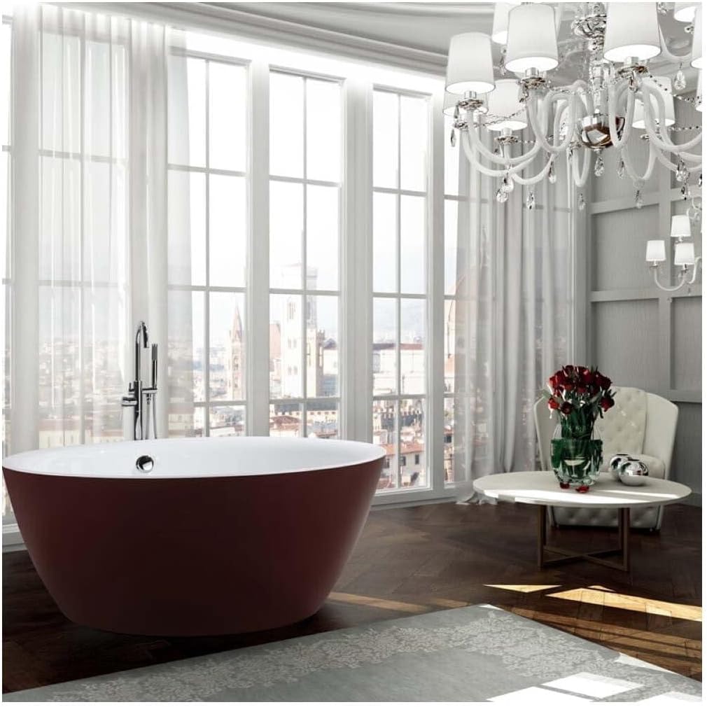 HomeStock Red Freestanding Bathtub 59' Round Soaking Tub - Acrylic Pedestal Bath