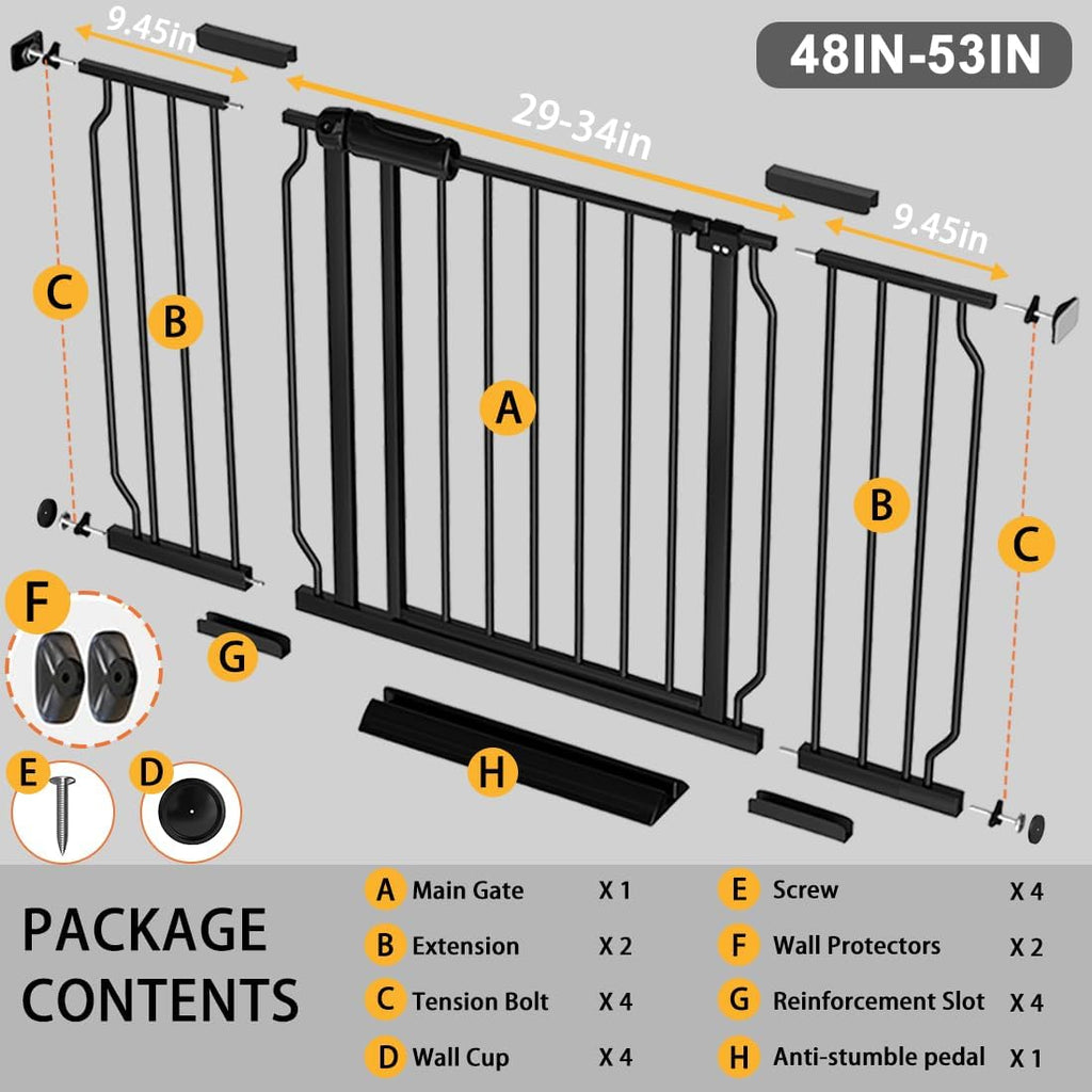 Fairy Baby Extra Wide Baby Gate 48-53 Inch Wide, Walk Through Pressure Mounted No Drill for Doorways, Long and Large Tension Gate for Pet and Kids, Black