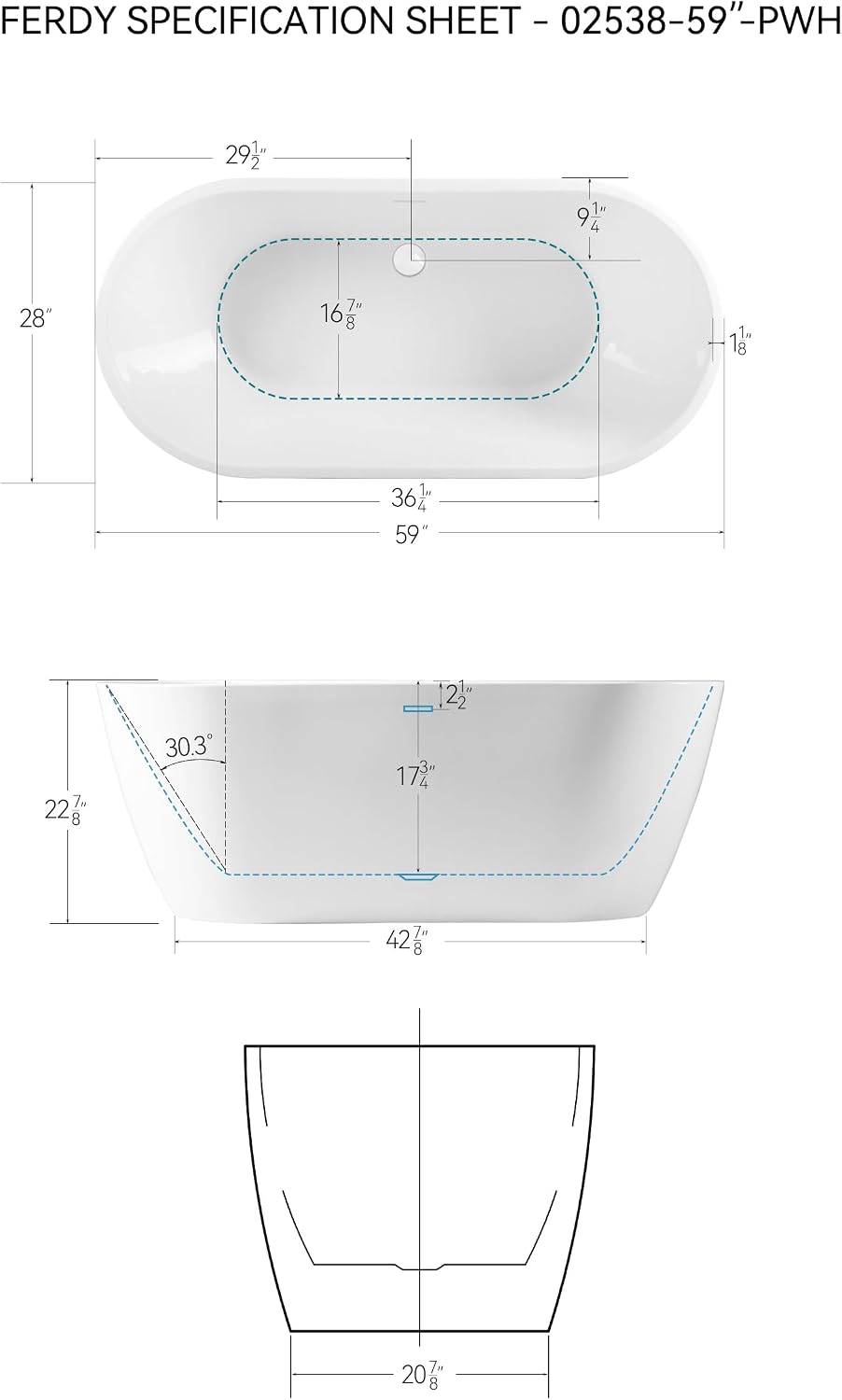 FerdY 59' Bali Acrylic Freestanding Bathtub, Gracefully Shaped Freestanding Soaking Bathtub, cUPC Certified, Toe-Tap Polished White Drain and Minimalist Linear Design Overflow Included