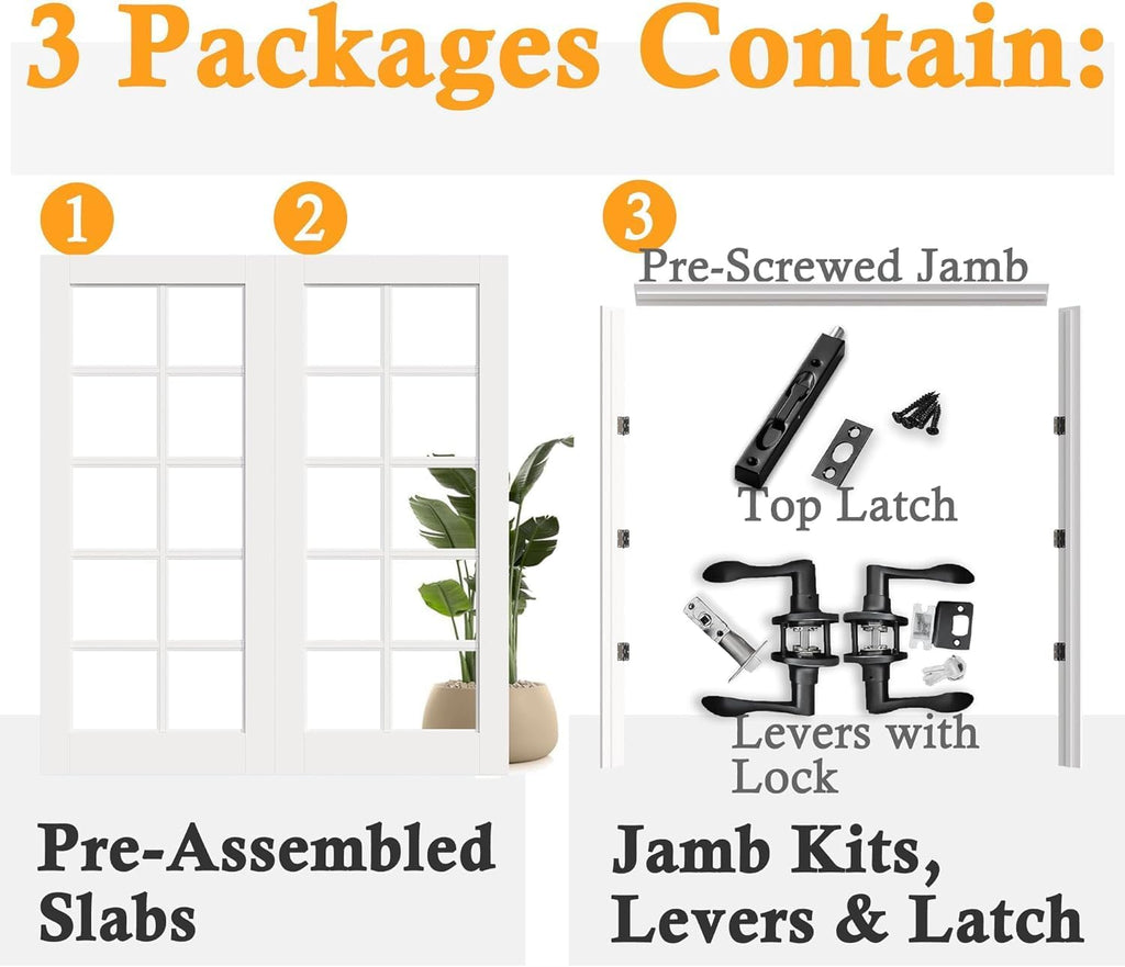 Prehung French Door 48' x 80' (2x24 in), 3-Lite Tempered Clear Glass Door Slabs with Jamb, Black Hinges, 4 Levers & Latch, Solid Core Interior Door, Pre-Finished & Paintable,Double Doors Interior