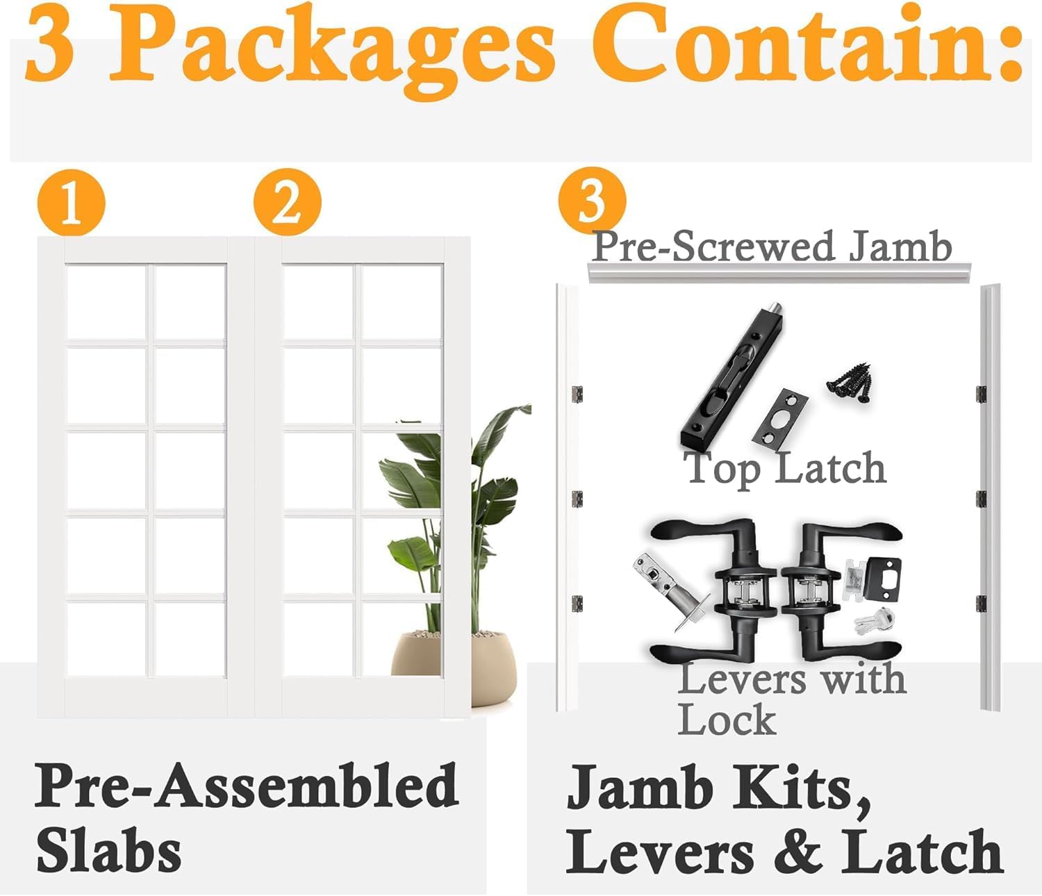 Prehung French Door 48' x 80' (2x24 in), 3-Lite Tempered Clear Glass Door Slabs with Jamb, Black Hinges, 4 Levers & Latch, Solid Core Interior Door, Pre-Finished & Paintable,Double Doors Interior