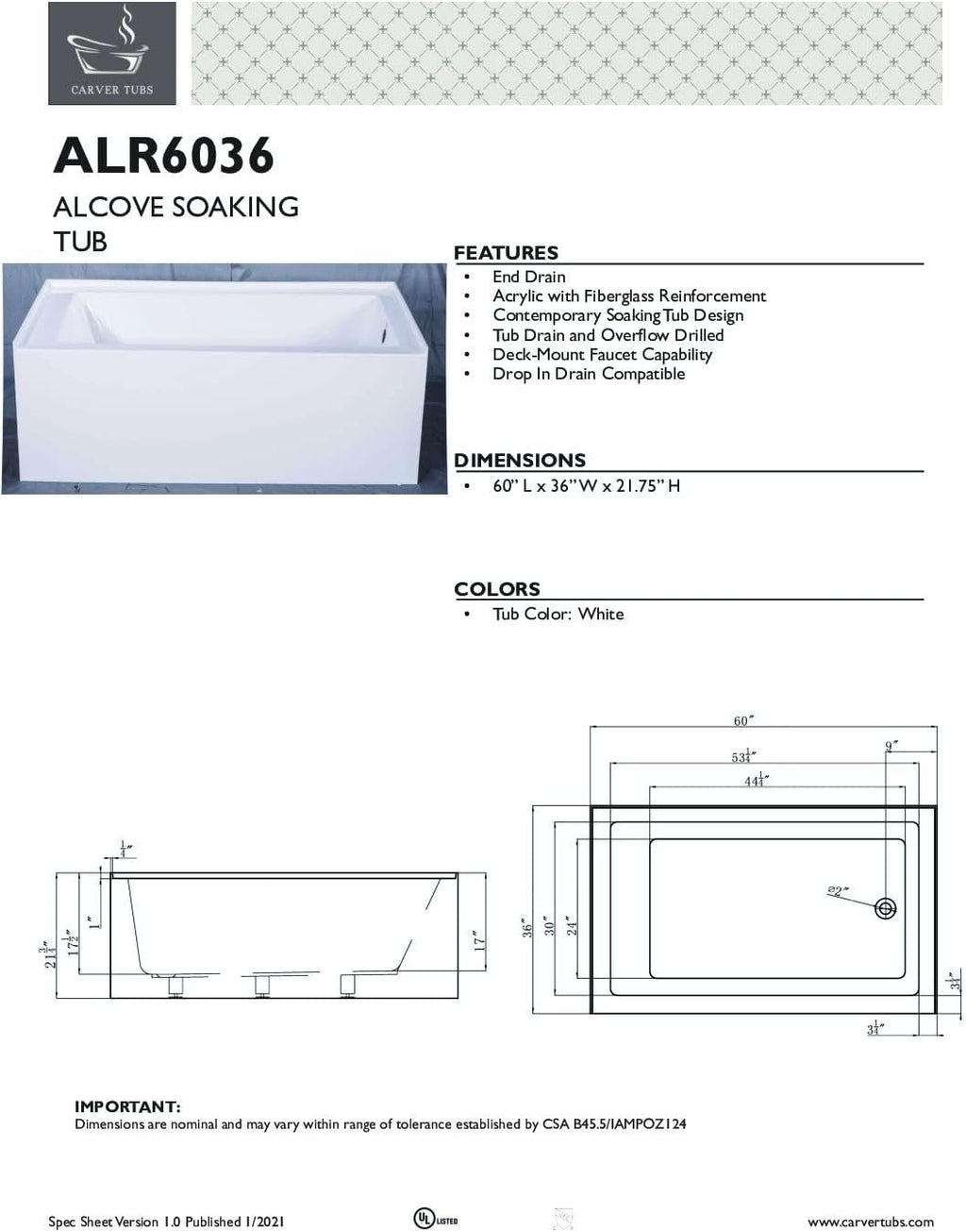 Carver Tubs - ALR6036 - Modern Acrylic Fiberglass Alcove Soaking Bathtub With Chrome Drain - White Acrylic Rectangle Bath Tub - Right Hand Drain - Deep Relaxing Soak - 60' L x 36' W x 21.75' H