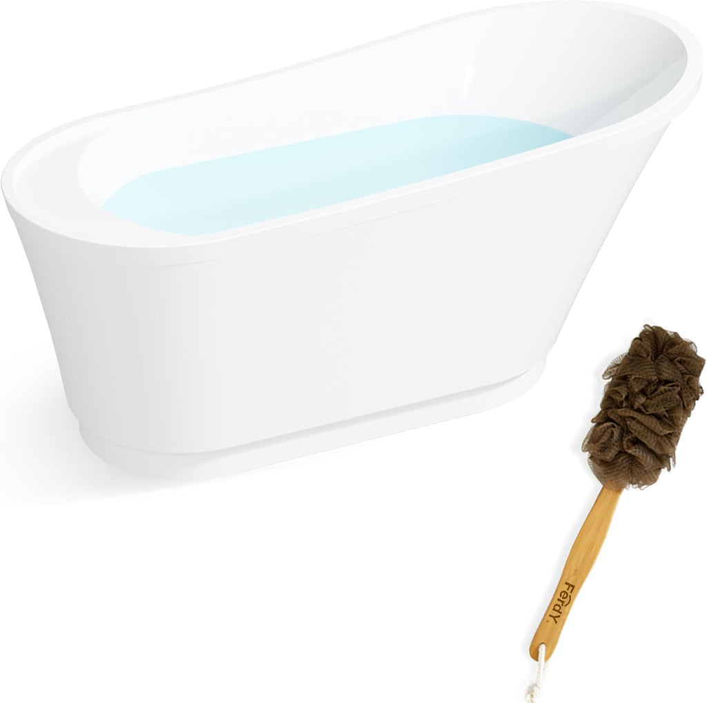FerdY Langkawi 59' Acrylic Freestanding Bathtub, White Modern Stand Alone Soaking Bathtub, cUPC Certified, Brushed Nickel Drain & Back Scrubber for Shower,Long Handled Loofah on a Stick, Body Brush