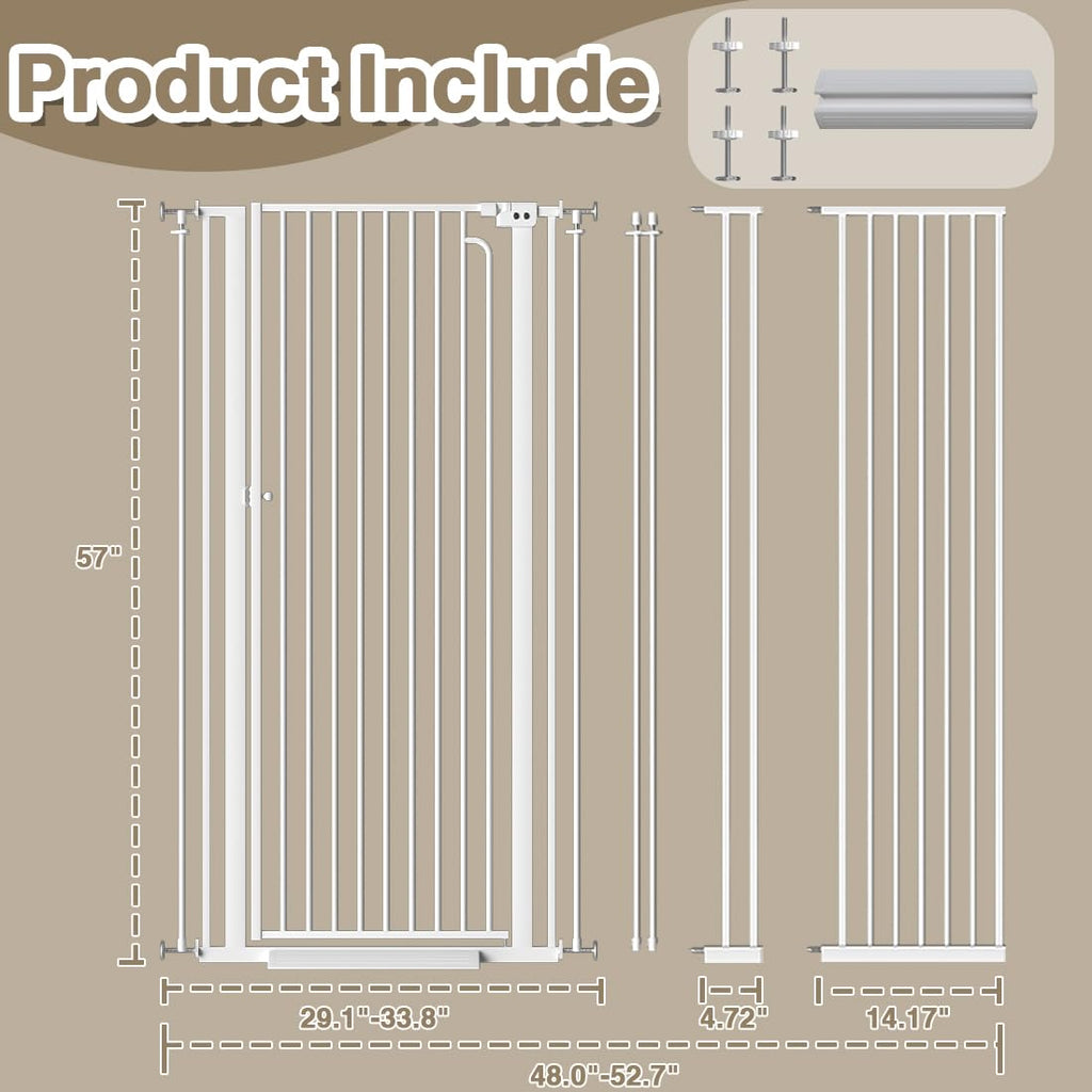 57' Extra Tall Cat Gate, 48.0'-52.7' Wide Pet Gate for Doorway, Pressure Mounted Tall Baby Gate with Door, Walk Through Dog Gate Indoor Stairs, Auto Close Cat Safety Gates, White