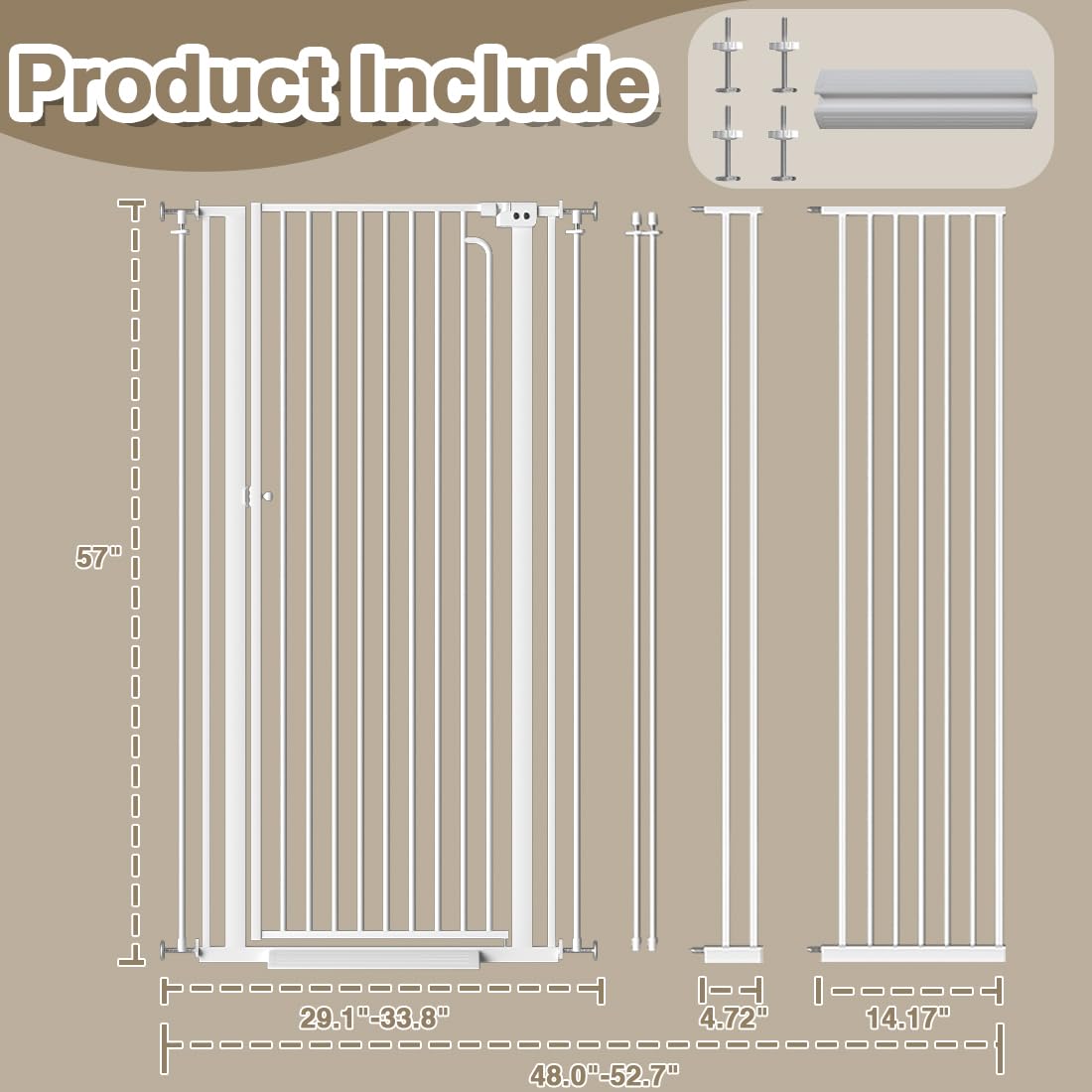 57' Extra Tall Cat Gate, 48.0'-52.7' Wide Pet Gate for Doorway, Pressure Mounted Tall Baby Gate with Door, Walk Through Dog Gate Indoor Stairs, Auto Close Cat Safety Gates, White