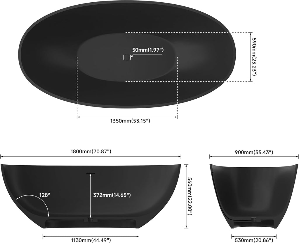71' Premium Solid Surface Freestanding Bathtub,Oval Shape Stone Resin Soaking Tub with Overflow and Pop-up Drain, Matte Black