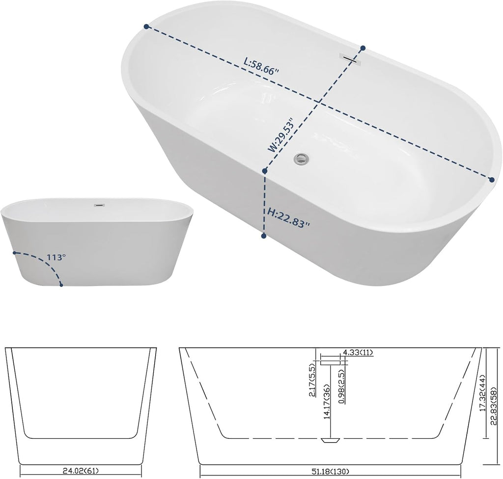 Lordear Freestanding Tub Soaking 59 Inch High Back Acrylic Stand Alone Bath Tub for Bathroom with Overflow and Drain #LTUB7109-59-C