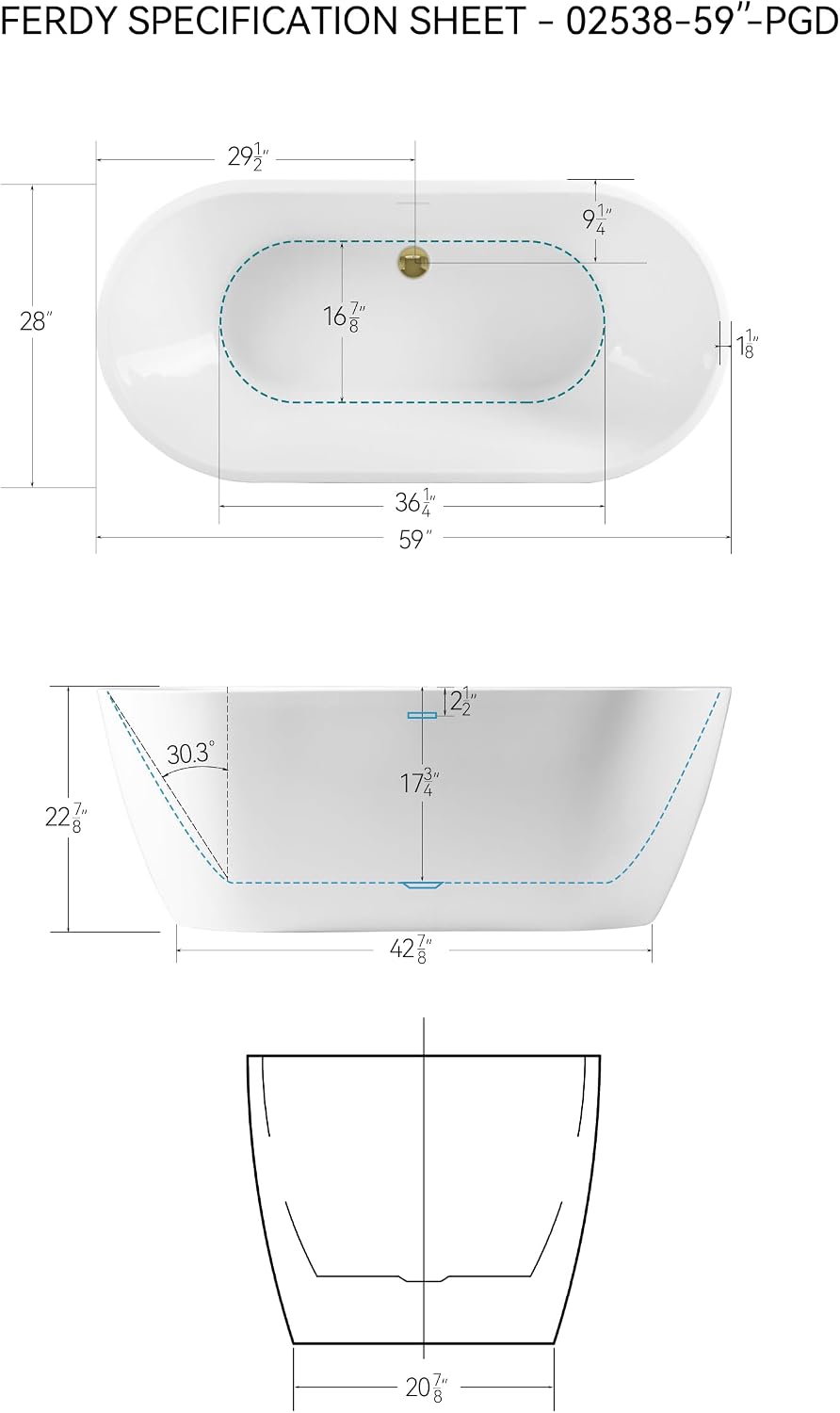FerdY 59' Acrylic Freestanding Bathtub, Contemporary Soaking tub with Polished Gold Drain & Overflow, Elegant Oval Shape, cUPC Certified, Bali