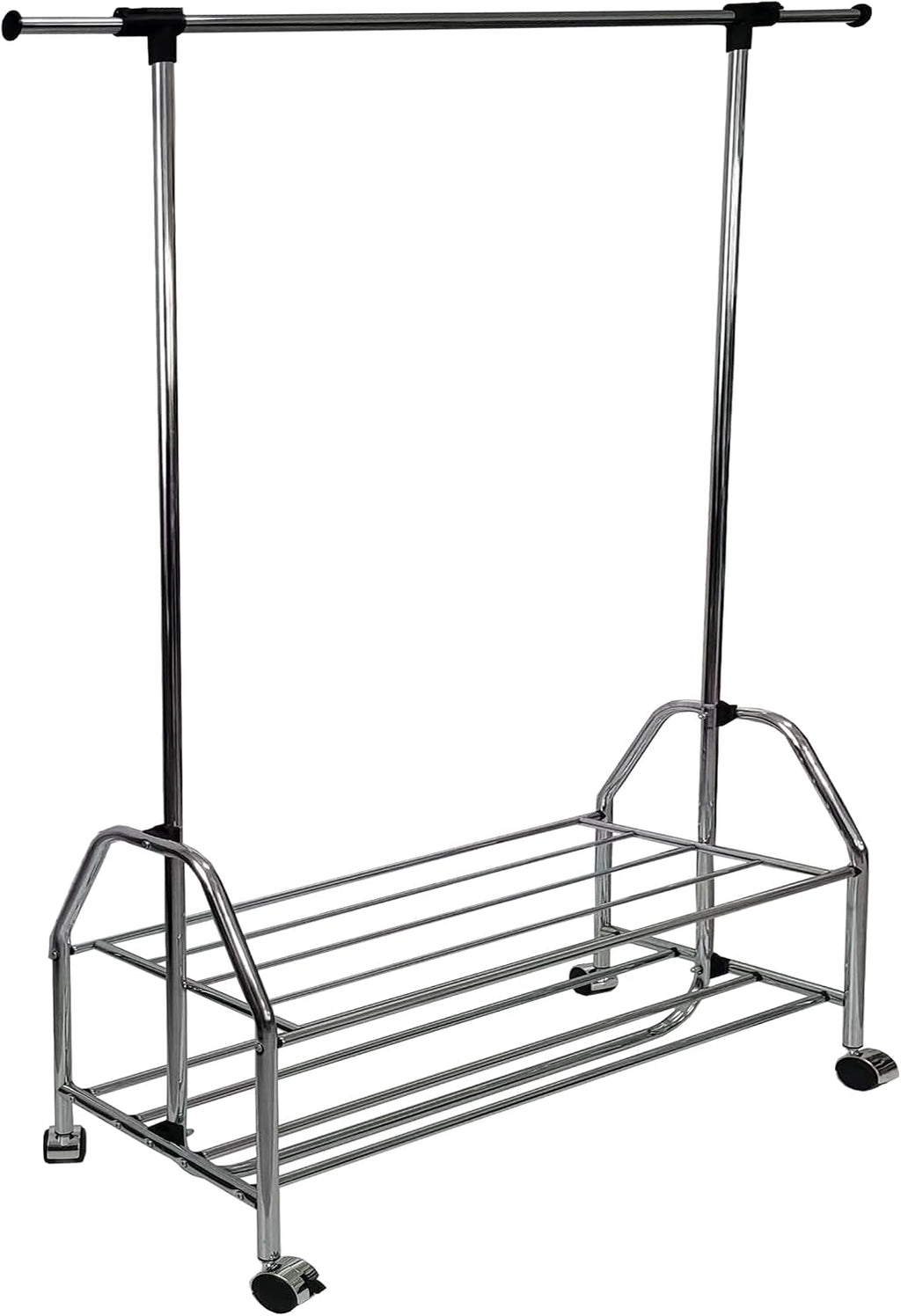 Chrome Metal Clothes Rack Extendable Bar Adjustable Garment Rail with Wheels Freestanding Wardrobe Storage Organizer for Bedroom Closet Silver