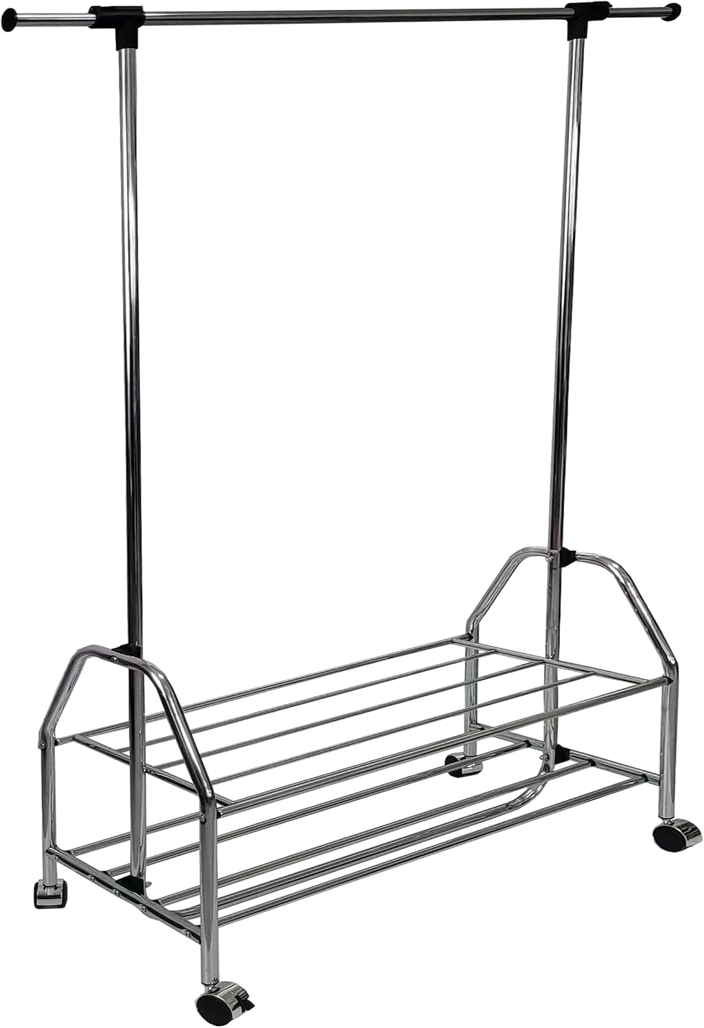 Chrome Metal Clothes Rack Extendable Bar Adjustable Garment Rail with Wheels Freestanding Wardrobe Storage Organizer for Bedroom Closet Silver