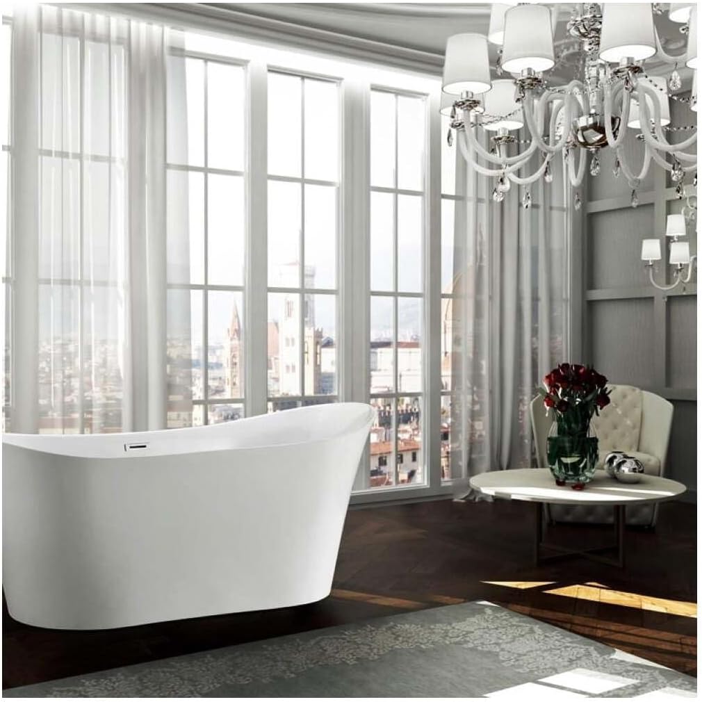 HomeStock Freestanding Bathtub 67 Inch - Modern Soaking Tub - Glossy White