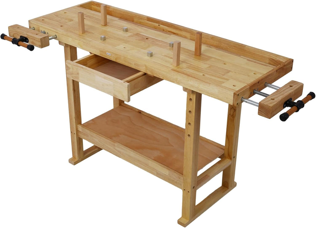 Gecheer 55-Inch Wooden Workbench for Garage, Workshop, or Home – Rubberwood Table with Bar Clamps (2x12 + 2x24), Drawers, Shelves, and Adjustable Handles – Holds Up to 330 lbs