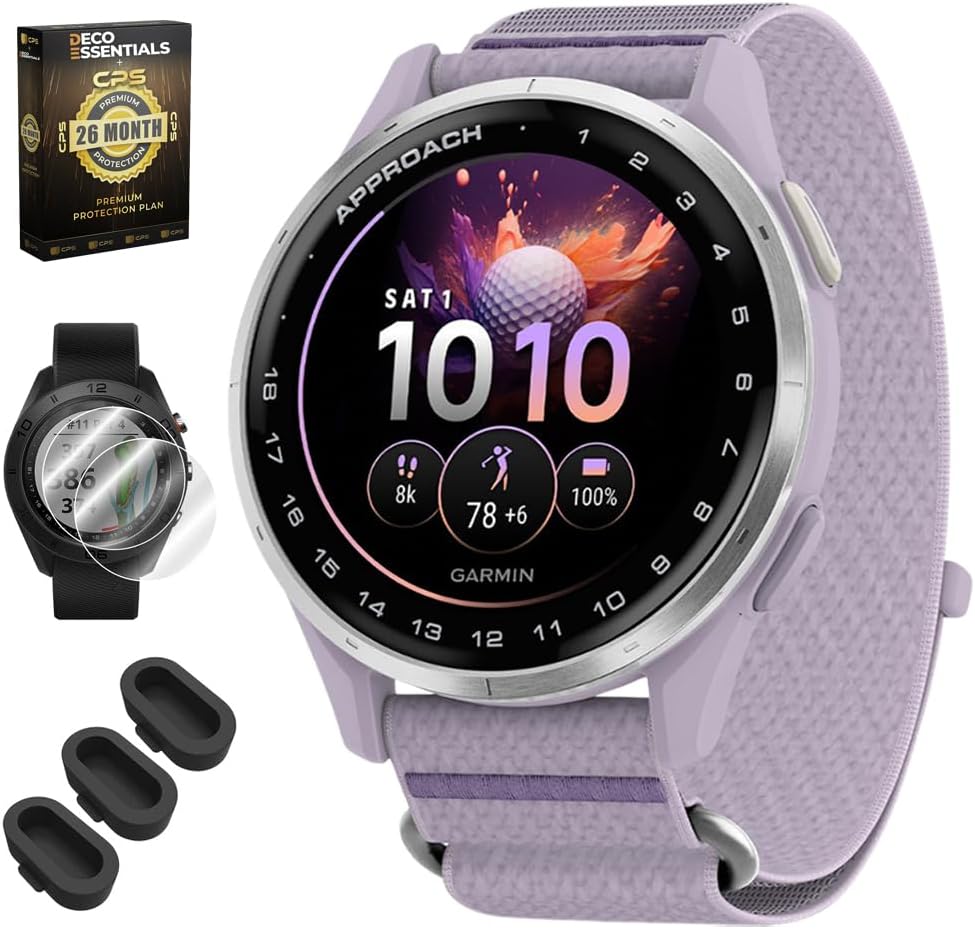 Garmin Approach J1 Silver Aluminum Bezel with Lilac ComfortFit Fabric Band 010-03898-10 Bundle with 26‑Month Protection Plan, 3X Deco Essentials Silicone Dust Cover and 2X Screen Protector