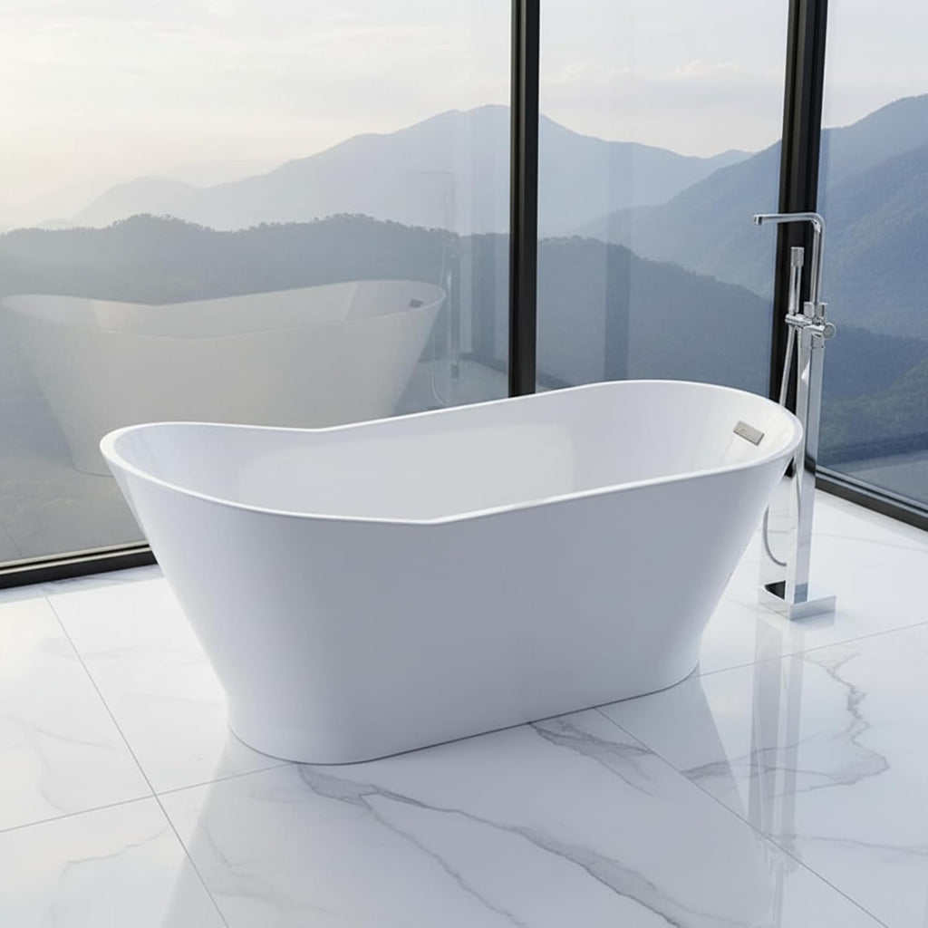 Melun 67' Freestanding Acrylic Bathtub with Chrome Drain, Glossy White Seamless Soaking Tub, Fiberglass Reinforced with Leveling Legs, 52 Gal Capacity