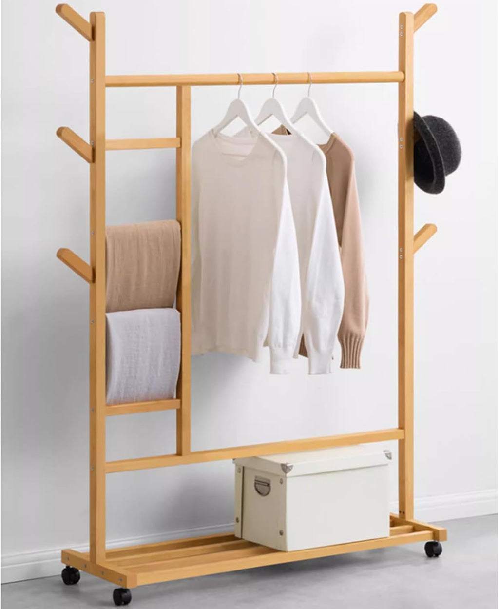 Ribbon Rack Craft Room Garment Rack Heavy Duty Clothes Rail On Wheels Multifunctional Coat Rack with 6 Hooks and Shelves Natural Clothing Rack for Bedroo