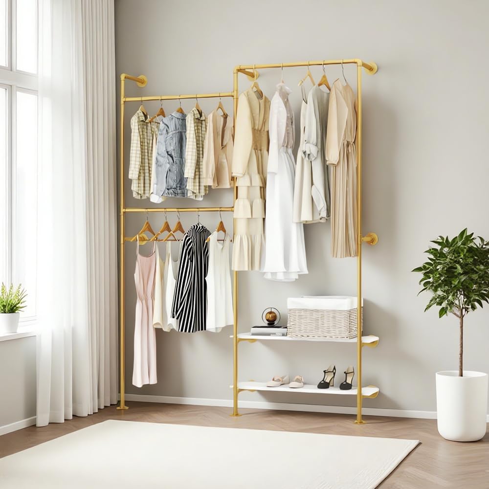 KaKaBB Gold Pipe Clothing Rack, Double Hanging Rods Clothes Rack with Shelves, Heavy Duty Wall Mounted Clothes Rack for Wardrobe, Bedroom, and Walk-in Closet System(Gold)