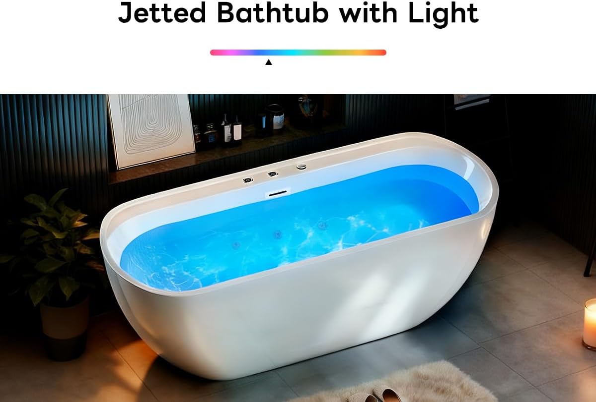 67' Freestanding Whirlpool Bathtub, Jetted Tub with 6 Hydro Massage Jets & 8 bubble bath jets, Chromatherapy Color-Changing LED Light & Pneumatic adjust system, Air Bath Soaking, Acrylic, UL Certified