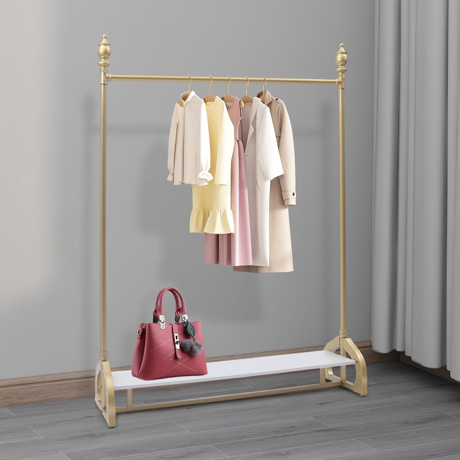Clothes Rack on wheels, Gold Clothing Rack with Bottom Wood Storage Shelf, Heavy Duty Metal Frame Pipe Industrial Rolling Garment Rack for Hanging Clothes, Coats, 47' L x 16' W x 67' H