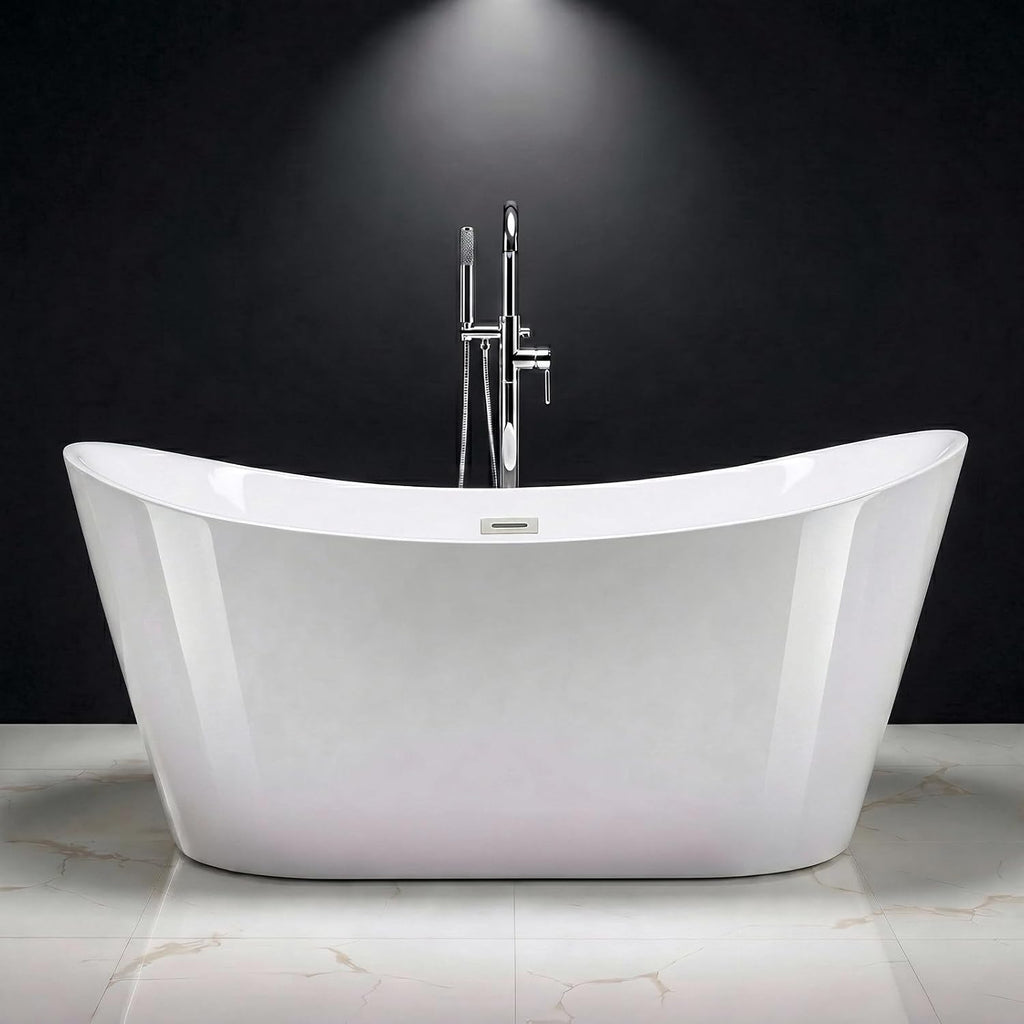 59' Acrylic Freestanding Bathtub,14' Deep Soaking Tub with Integrated Overflow & Drain,2 Person Soaking Tub,CUPC Certified, Chrome Drain Bath Tub,Modern Tub for Bathrooms,Double Backrest White