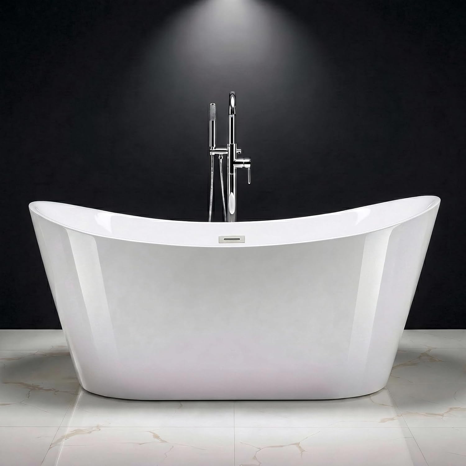 59' Acrylic Freestanding Bathtub,14' Deep Soaking Tub with Integrated Overflow & Drain,2 Person Soaking Tub,CUPC Certified, Chrome Drain Bath Tub,Modern Tub for Bathrooms,Double Backrest White