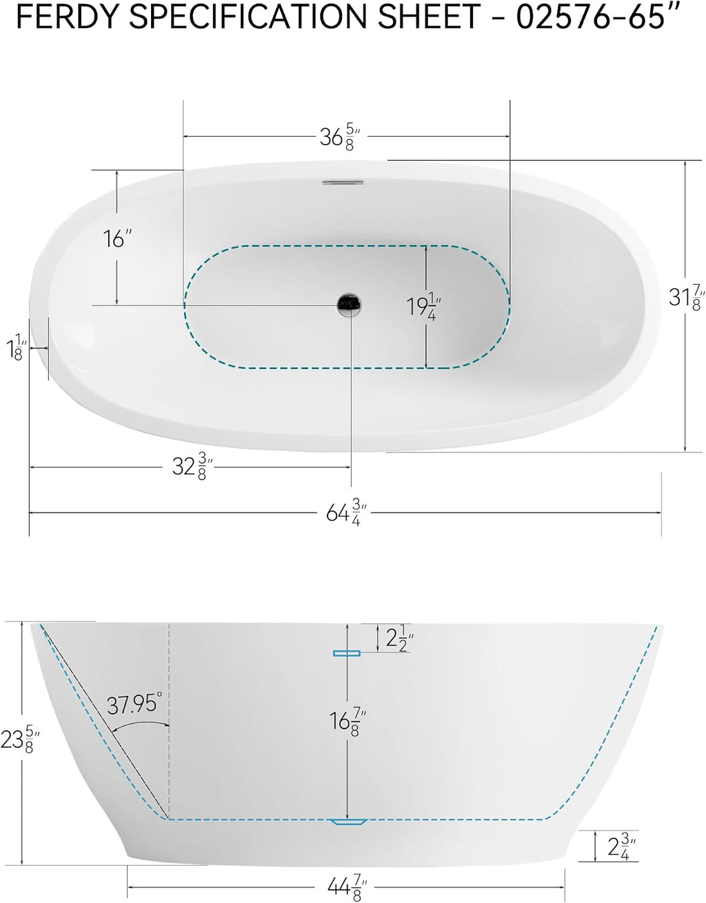 FerdY Koh Samui 65' Acrylic Freestanding Bathtub with Headrest, Oval Contemporary Soaking Bathtub, Glossy White, cUPC Certified, Toe-Tap Chrome Drain & Overflow & Bath Pillow Assembly Included