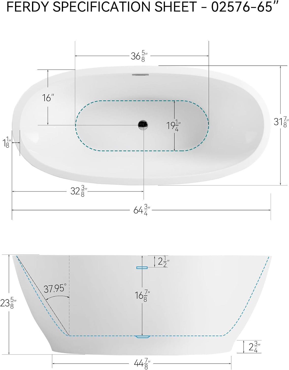 FerdY Koh Samui 65' Acrylic Freestanding Bathtub with Headrest, Oval Contemporary Soaking Bathtub, Glossy White, cUPC Certified, Toe-Tap Chrome Drain & Overflow & Bath Pillow Assembly Included