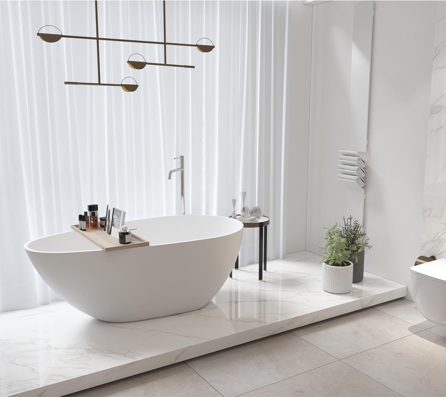 TONA 59' Stone Resin Freestanding Bathtub， Modern Egg Shell Shapes Solid Surface Soaking Stand Alone Tub, Matte White, Drain & Overflow Included