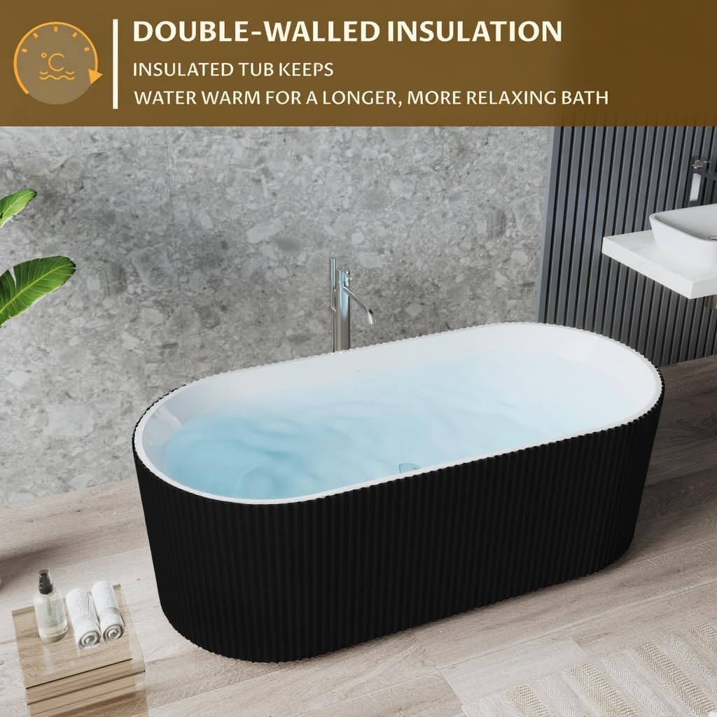 Freestanding Bathtub 59-inch,Acrylic Soaking Tub with Overflow Drain, CUPC Certified Thickened Design Glossy Black for Modern Bathroom