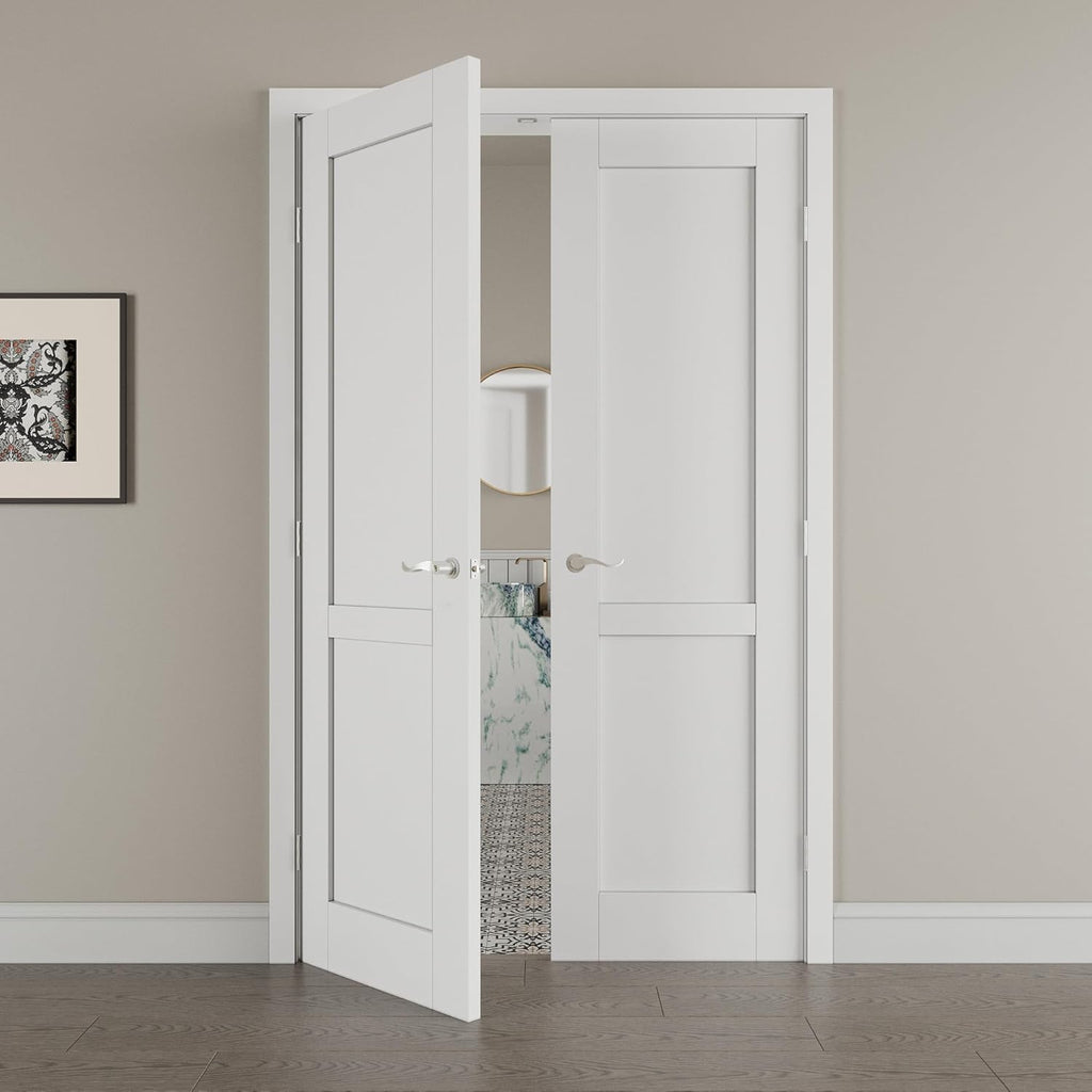 36' x 80' French Doors Interior (Double 18' x 80' 2-Lite Panel Door with Silver Hinge Prehung Jamb Kit), Pre-Finished & Paintable, Prebuilt Home Door Panels & Assembly Required Jamb